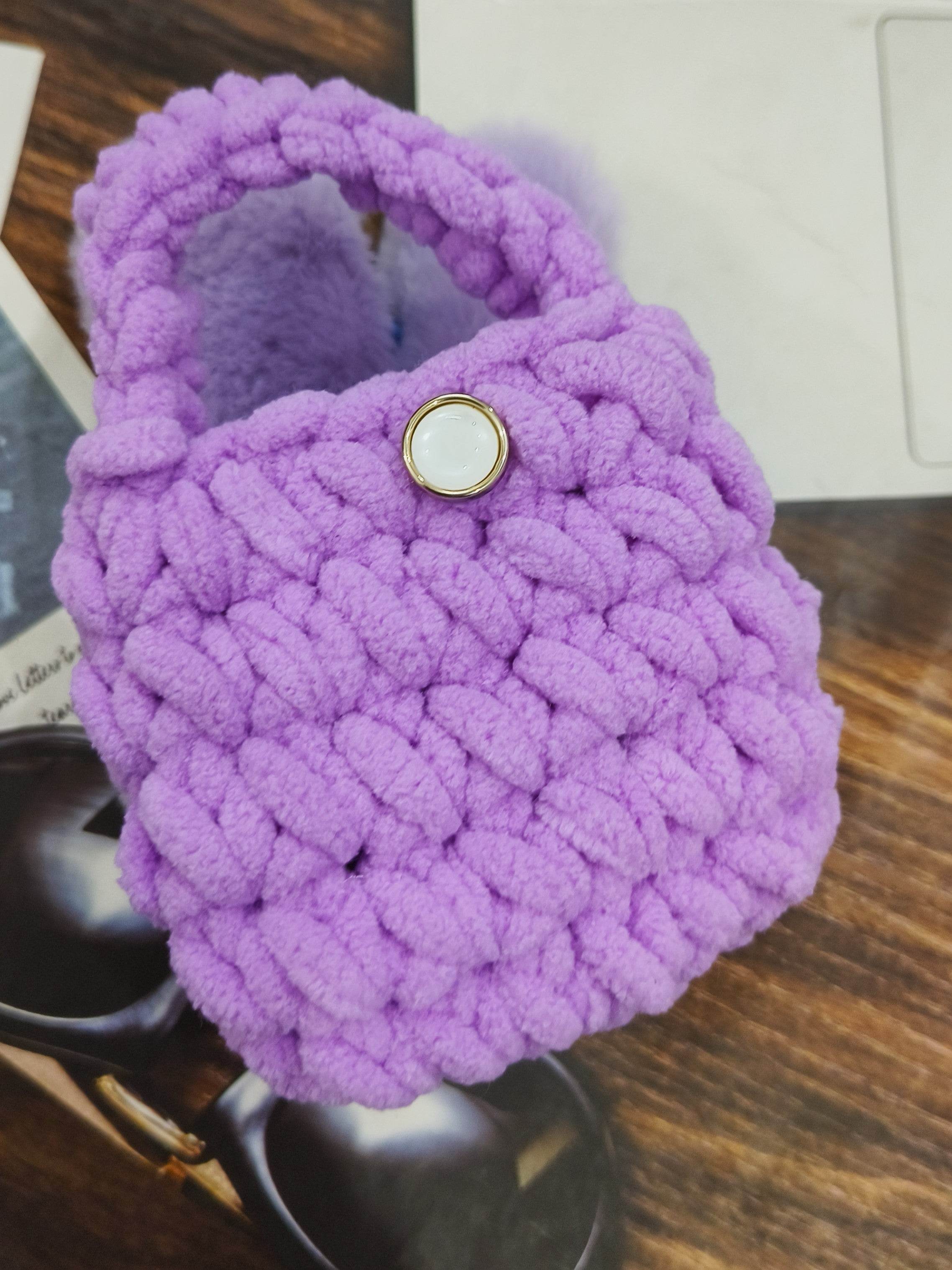 Universal Cartoon Accessories Crochet Bag Organizer Case Cover for Portable Charger, Cables, Earphone, Cord, SD Card - Fur Lavender - Guleel