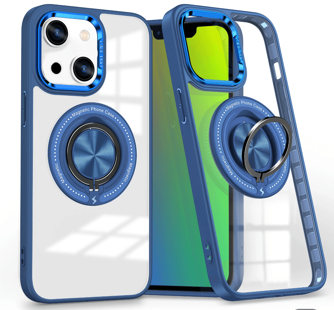 iPhone 14 Magnetic Rotating Ring Holder Transparent Case - Blue - Guleel
