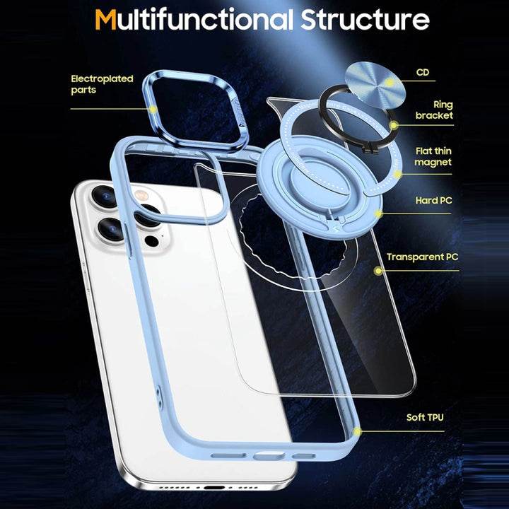 iPhone 14 Magnetic Rotating Ring Holder Transparent Case - Blue - Guleel