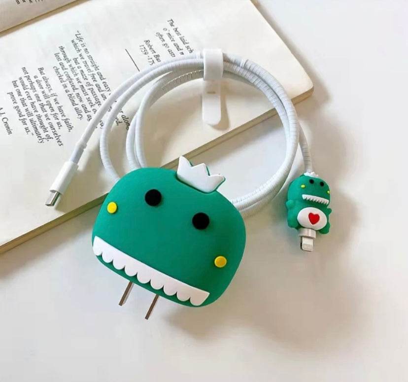 Silicone Cartoon iPhone Charger Case Cover for 18-20W Chargers - Green (with Wire Cover) - Guleel