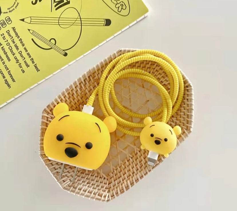 Silicone Cartoon iPhone Disney Winnie Charger Cover for 18-20W Chargers - Yellow (with Wire Cover) - Guleel