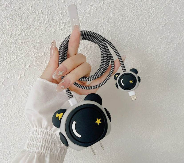 Silicone Cartoon iPhone Astronaut Charger Cover for 18-20W Chargers - Black (with Wire Cover) - Guleel