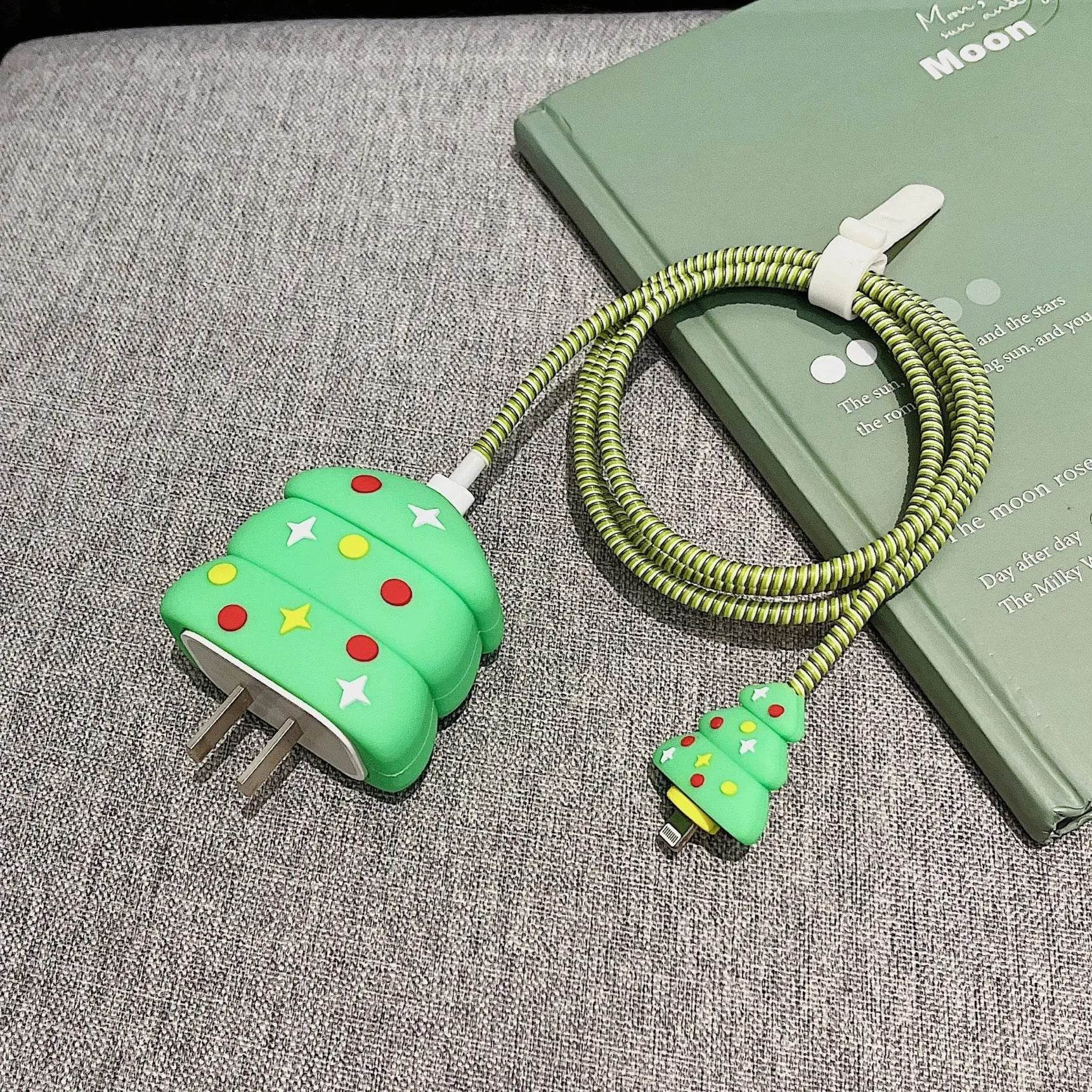 Silicone Cartoon iPhone Christmas Tree Charger Cover for 18-20W Chargers - Green (with Wire Cover) - Guleel