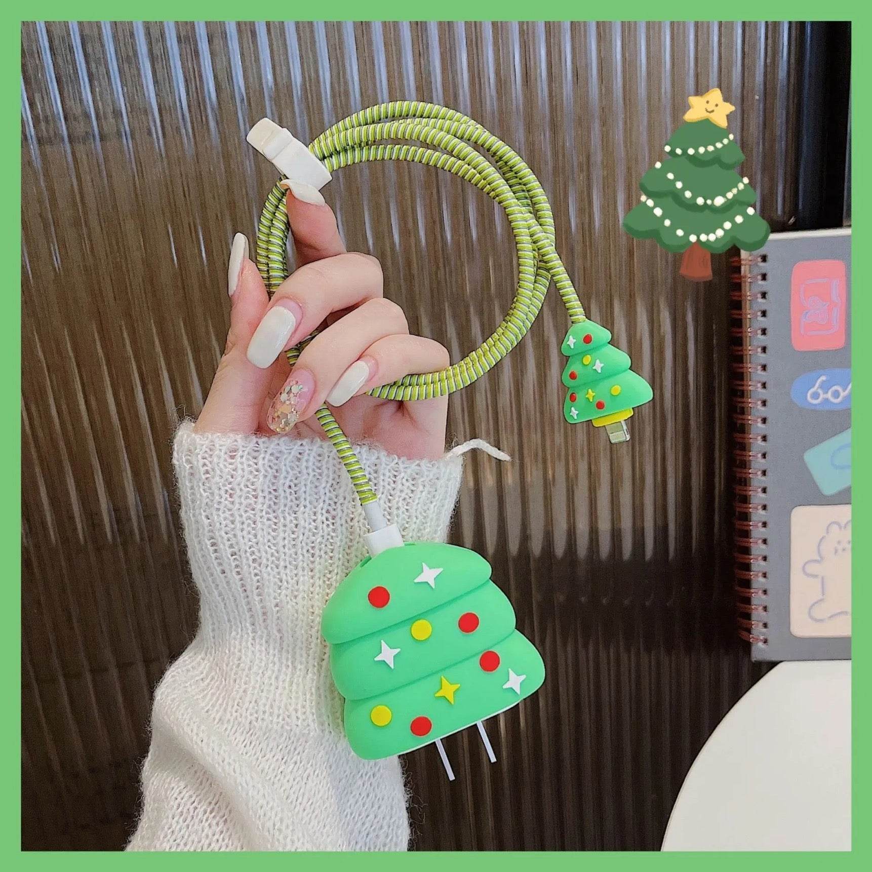 Silicone Cartoon iPhone Christmas Tree Charger Cover for 18-20W Chargers - Green (with Wire Cover) - Guleel