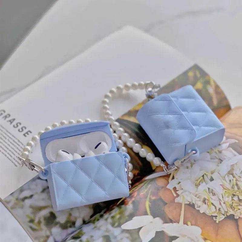 Airpod's 1 Cute Bag with Pearl Bracelet Chain Silicone Case Cover - Blue - Guleel