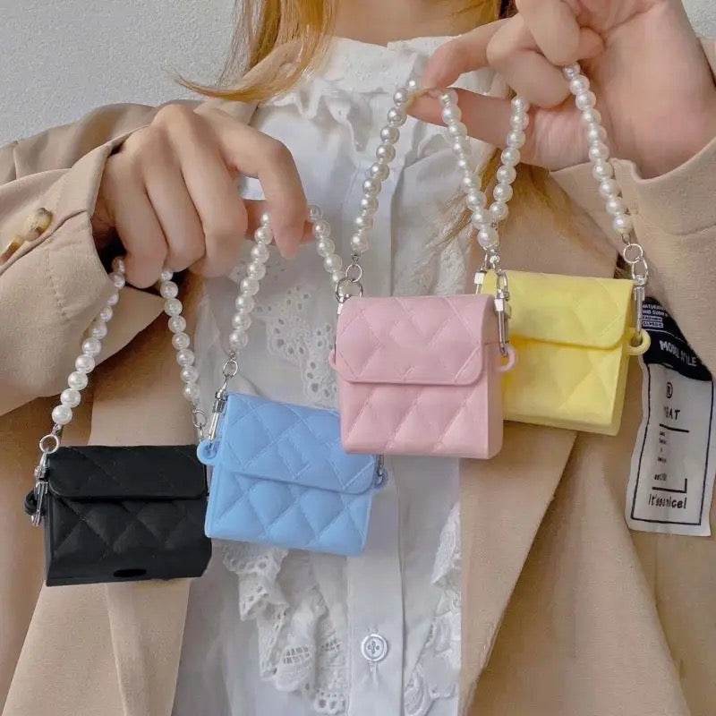 Airpod's 1 Cute Bag with Pearl Bracelet Chain Silicone Case Cover - Pink - Guleel