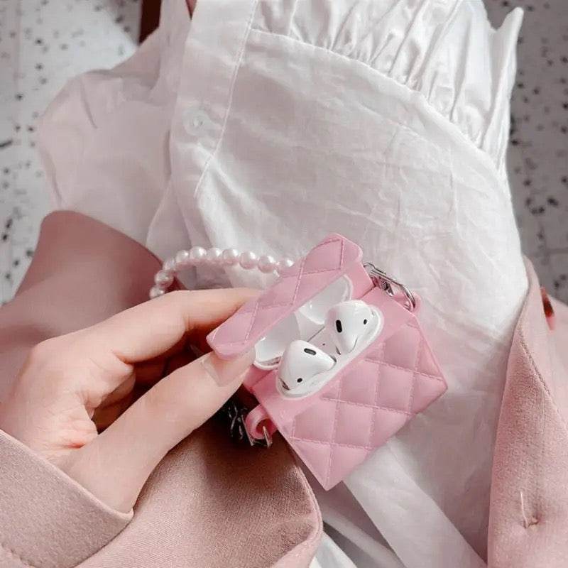 Airpod's 1 Cute Bag with Pearl Bracelet Chain Silicone Case Cover - Pink - Guleel
