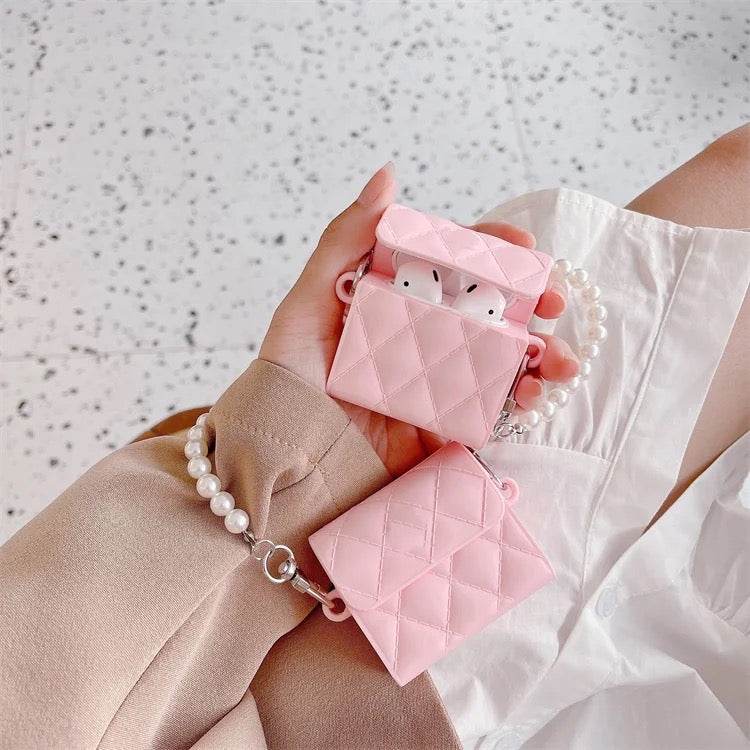Airpod's 1 Cute Bag with Pearl Bracelet Chain Silicone Case Cover - Pink - Guleel