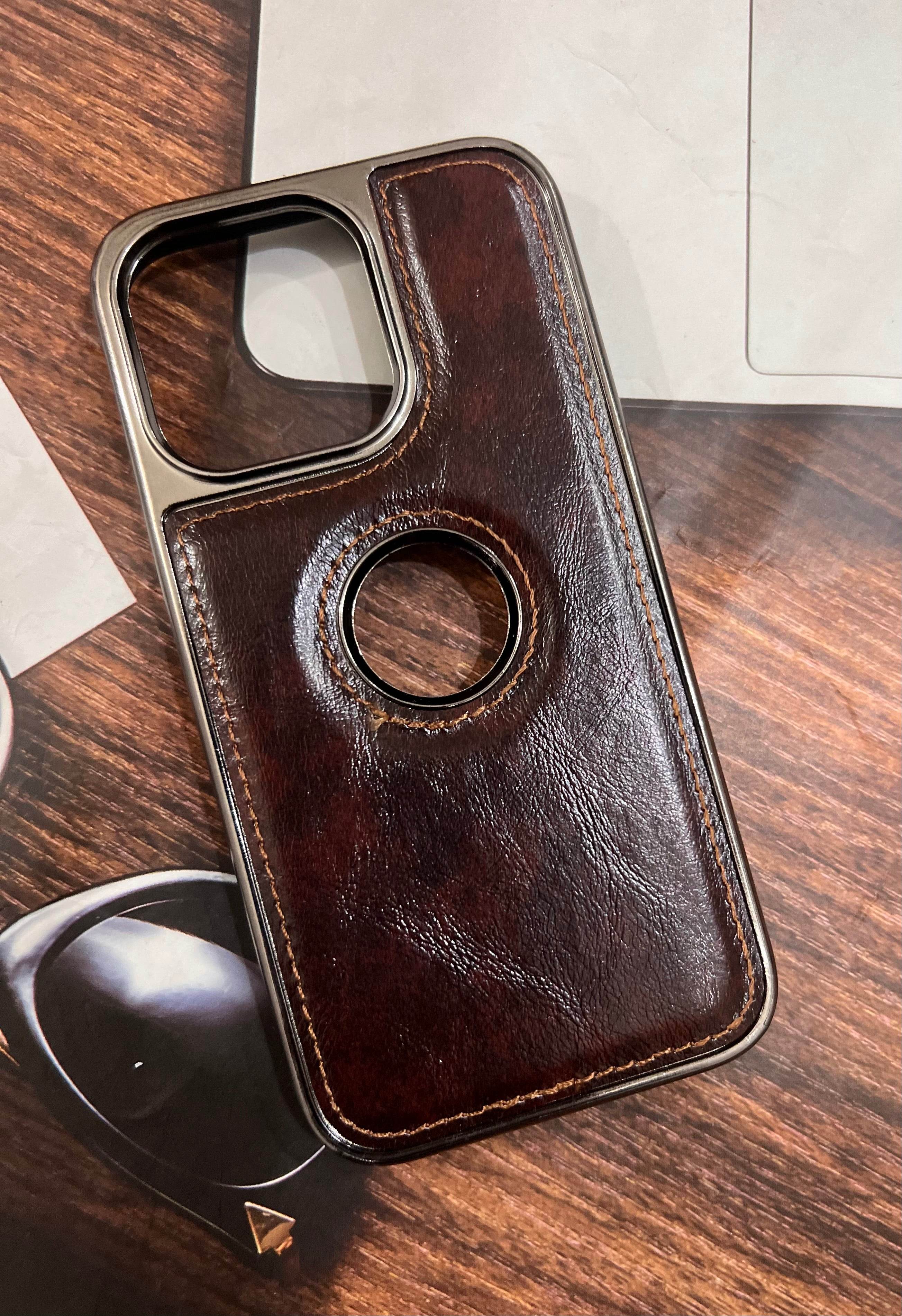 iPhone 13 Pro Premium Leather Logo Cut Case - Brown - Guleel