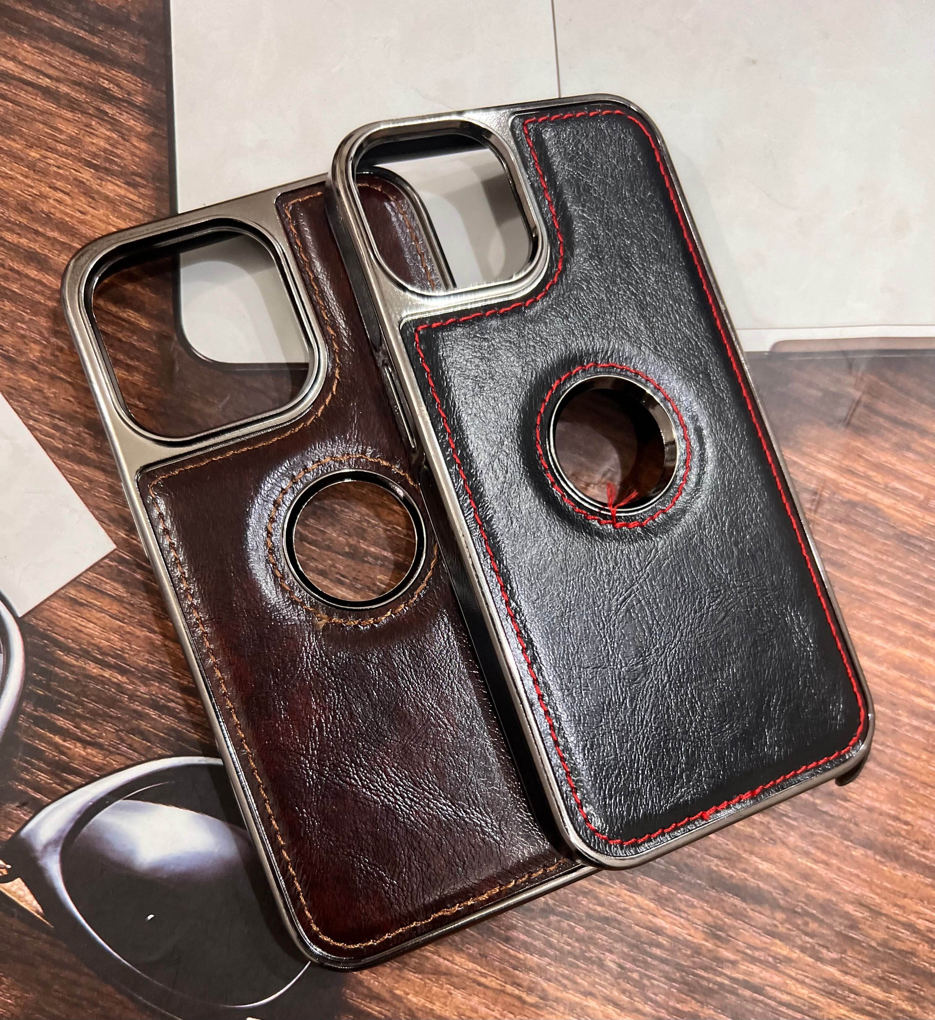 iPhone 13 Pro Premium Leather Logo Cut Case - Brown - Guleel