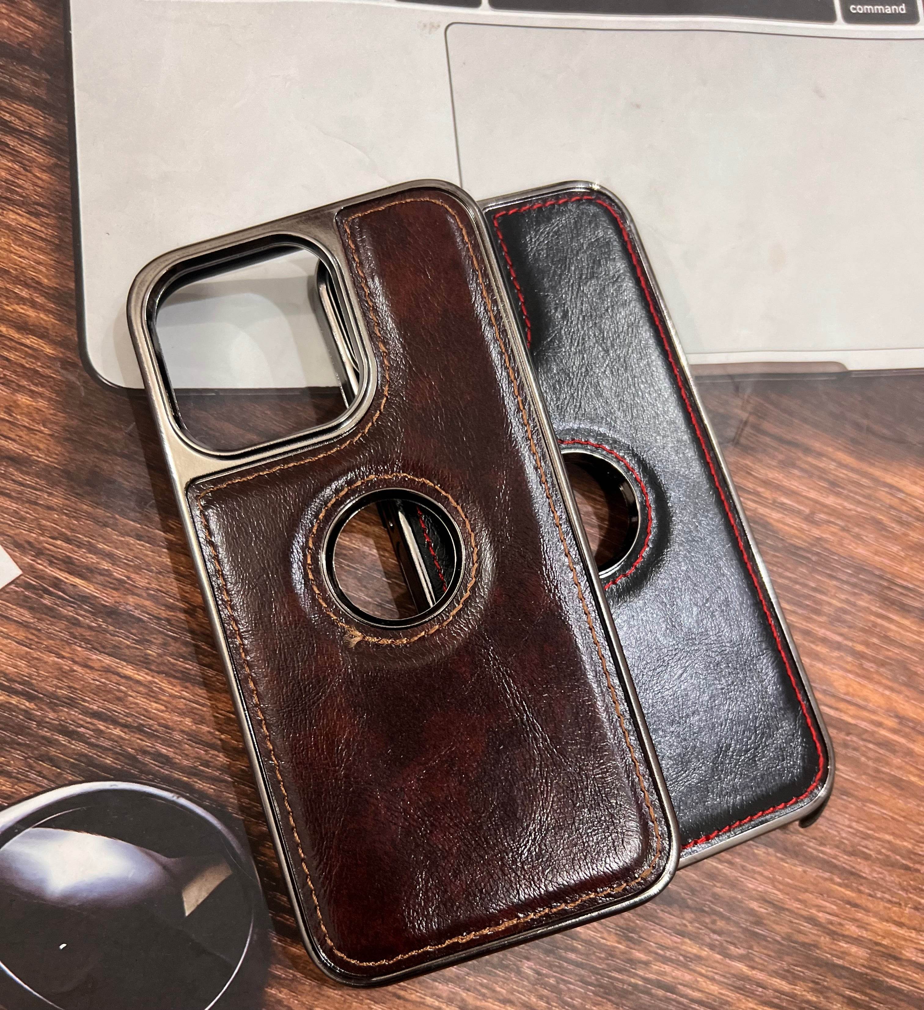 iPhone 13 Pro Premium Leather Logo Cut Case - Brown - Guleel