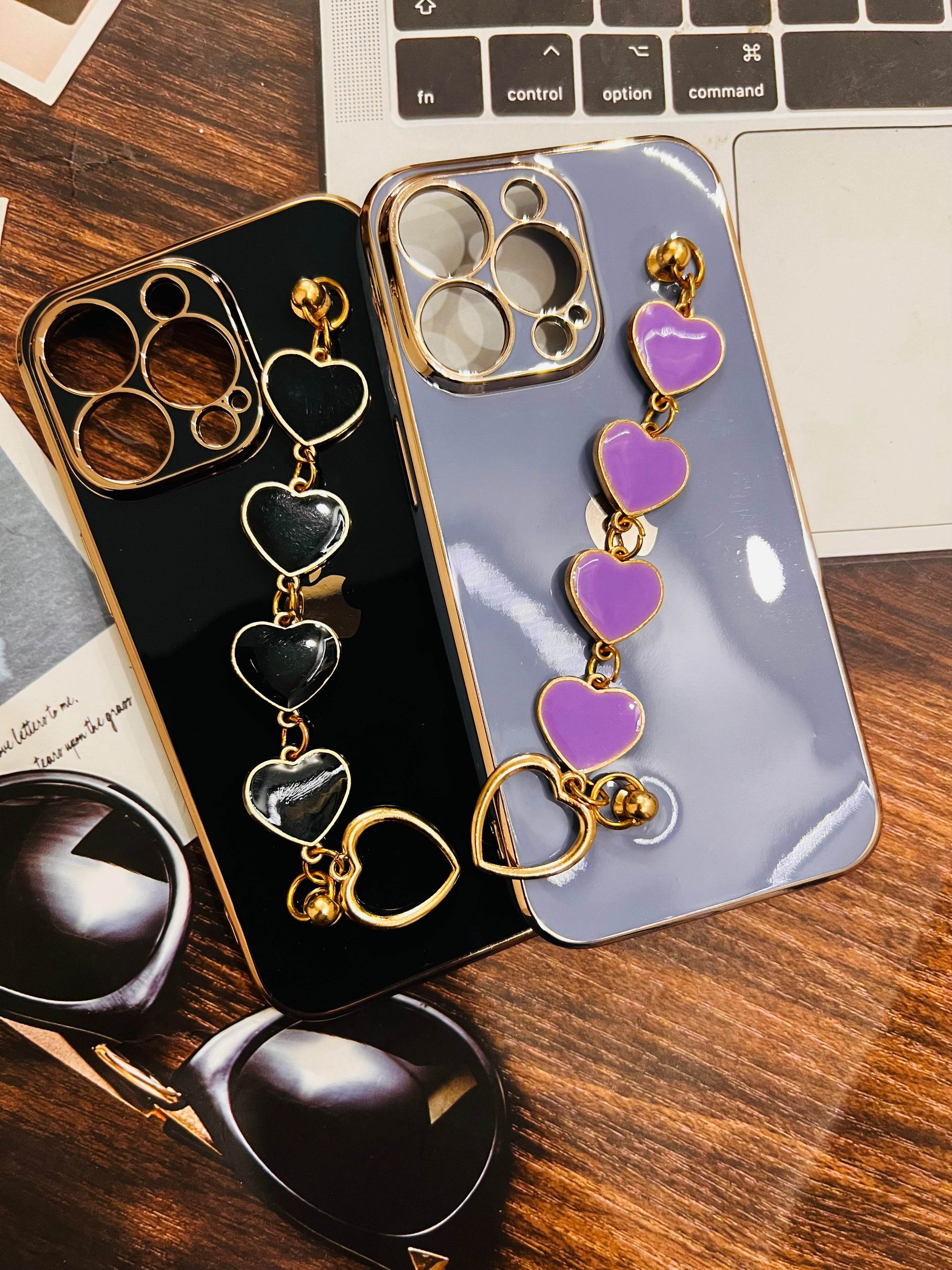 iPhone 13 Pro Cute 3D Hearts Chain Silicon Case Cover - Blue - Guleel