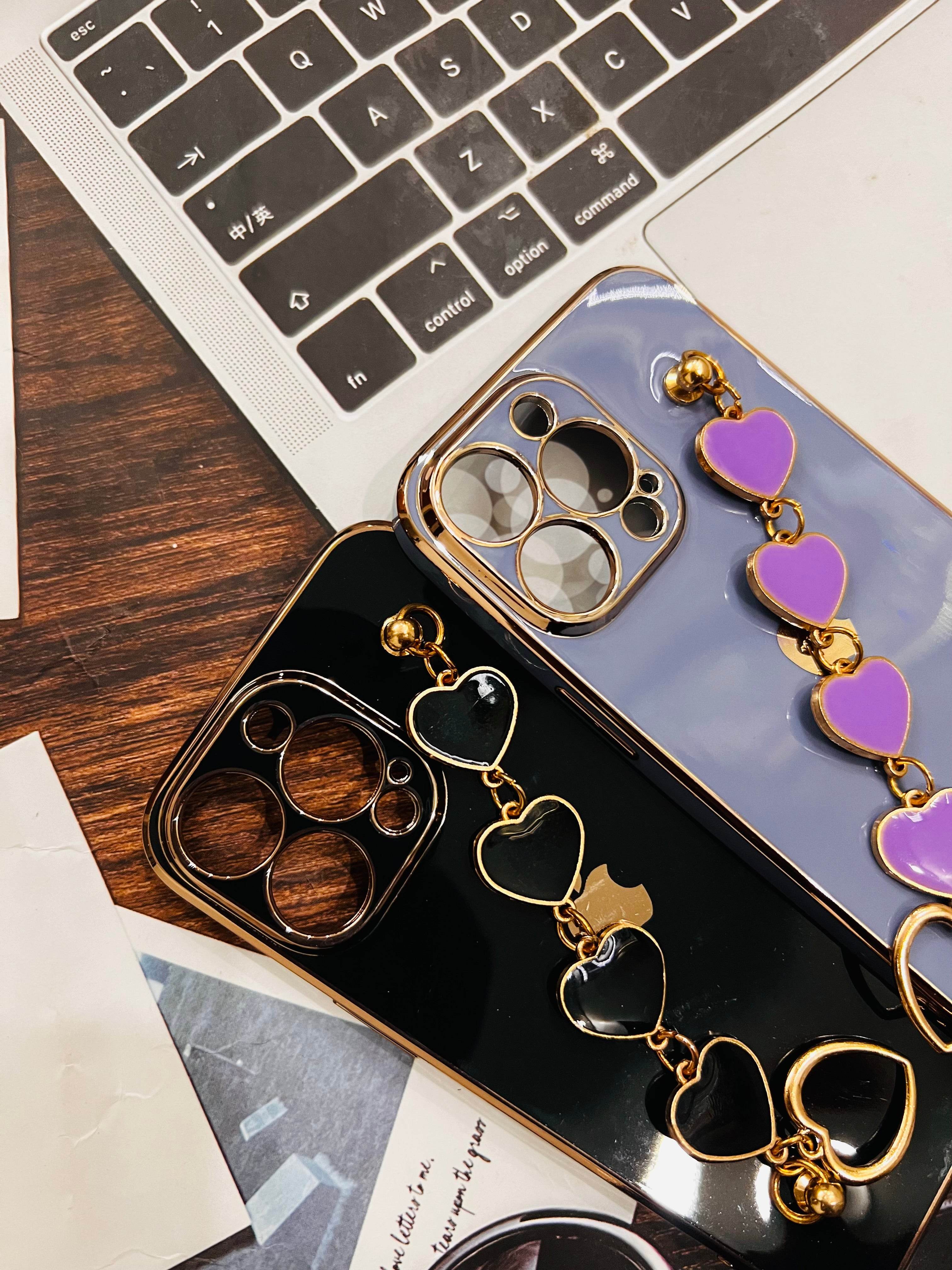 iPhone 13 Pro Cute 3D Hearts Chain Silicon Case Cover - Blue - Guleel