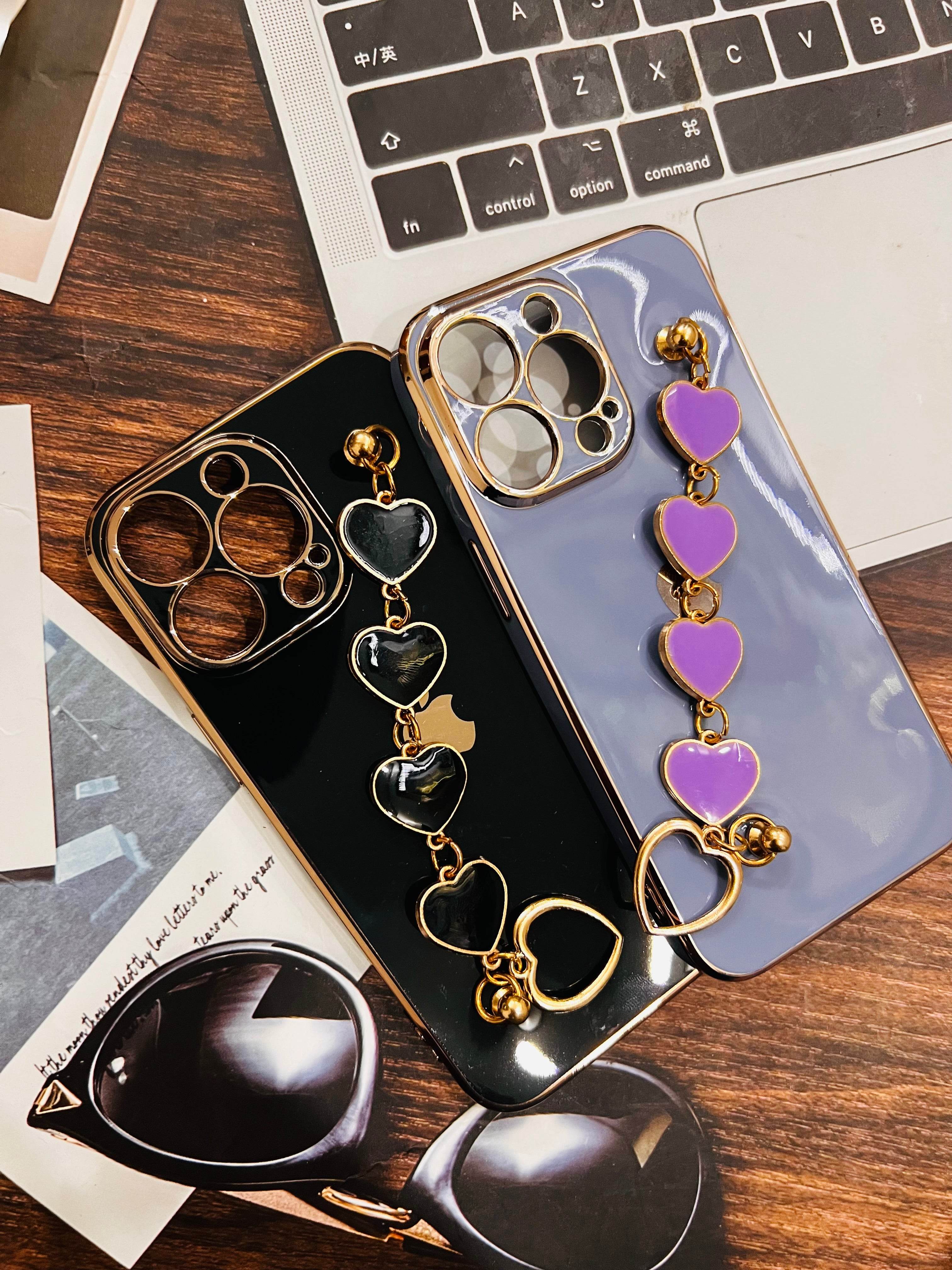 iPhone 13 Pro Cute 3D Hearts Chain Silicon Case Cover - Blue - Guleel