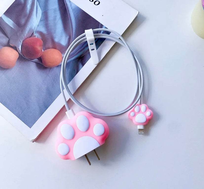 Silicone Cartoon iPhone Charger Case Cover for 18-20W Chargers - Pink Paw (with Wire Cover) - Guleel