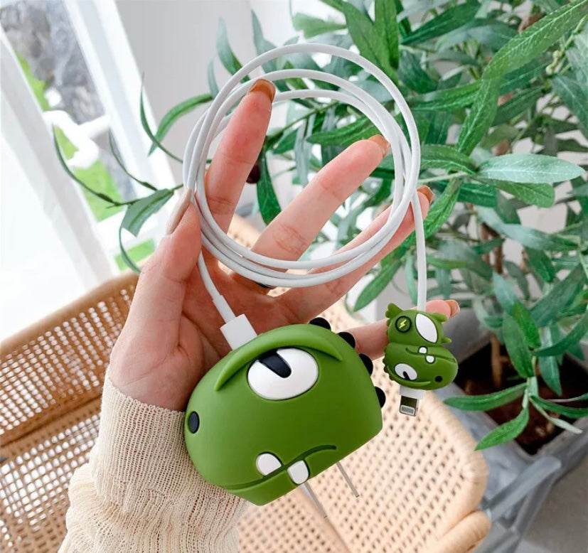 Silicone Cartoon iPhone Charger Case Cover for 18-20W Chargers - Green Eye Monster (with Wire Cover) - Guleel