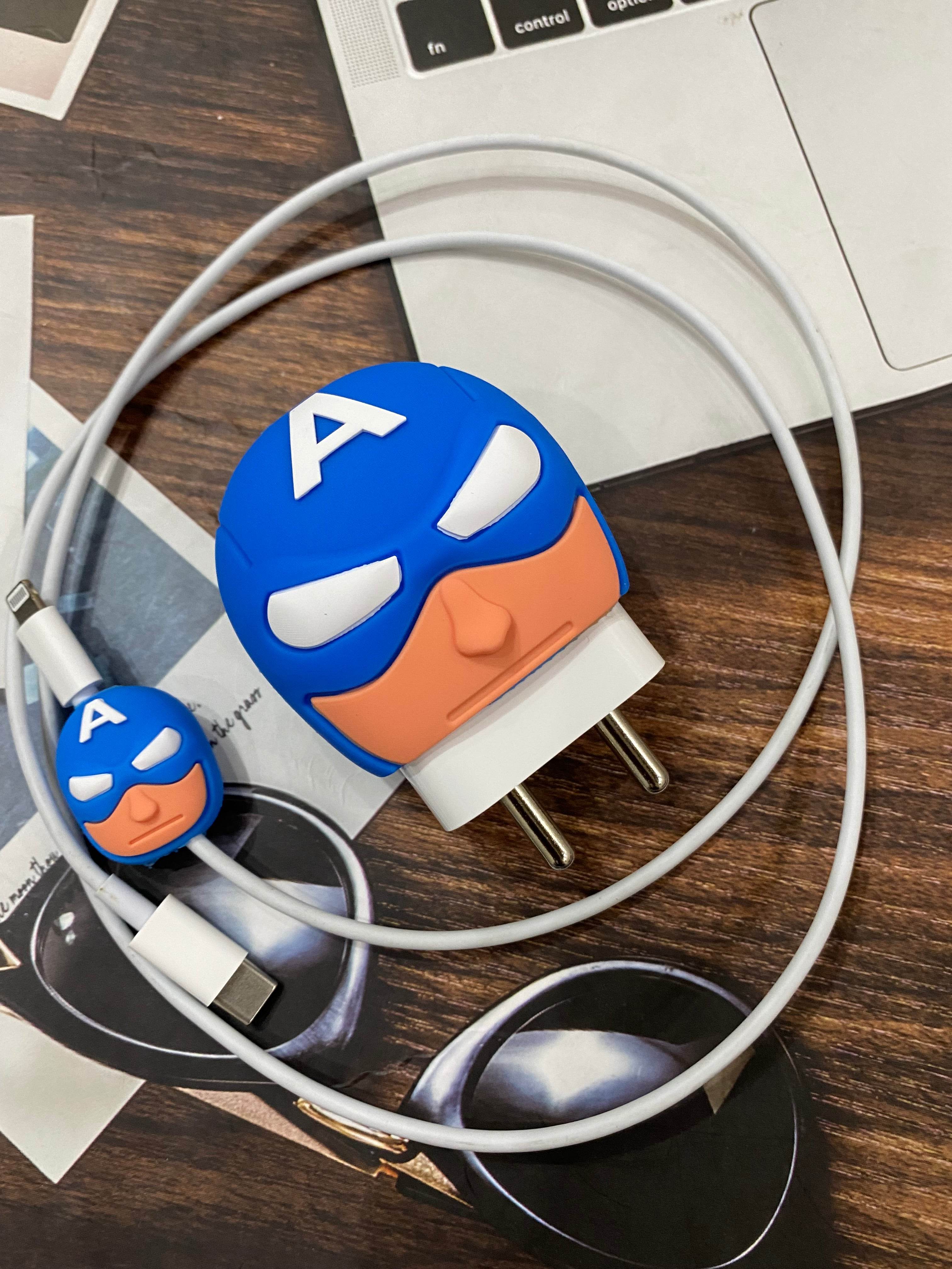 Silicone Cartoon iPhone Charger Case Cover for 18-20W Chargers - Super Hero Blue (with Wire Cover) - Guleel