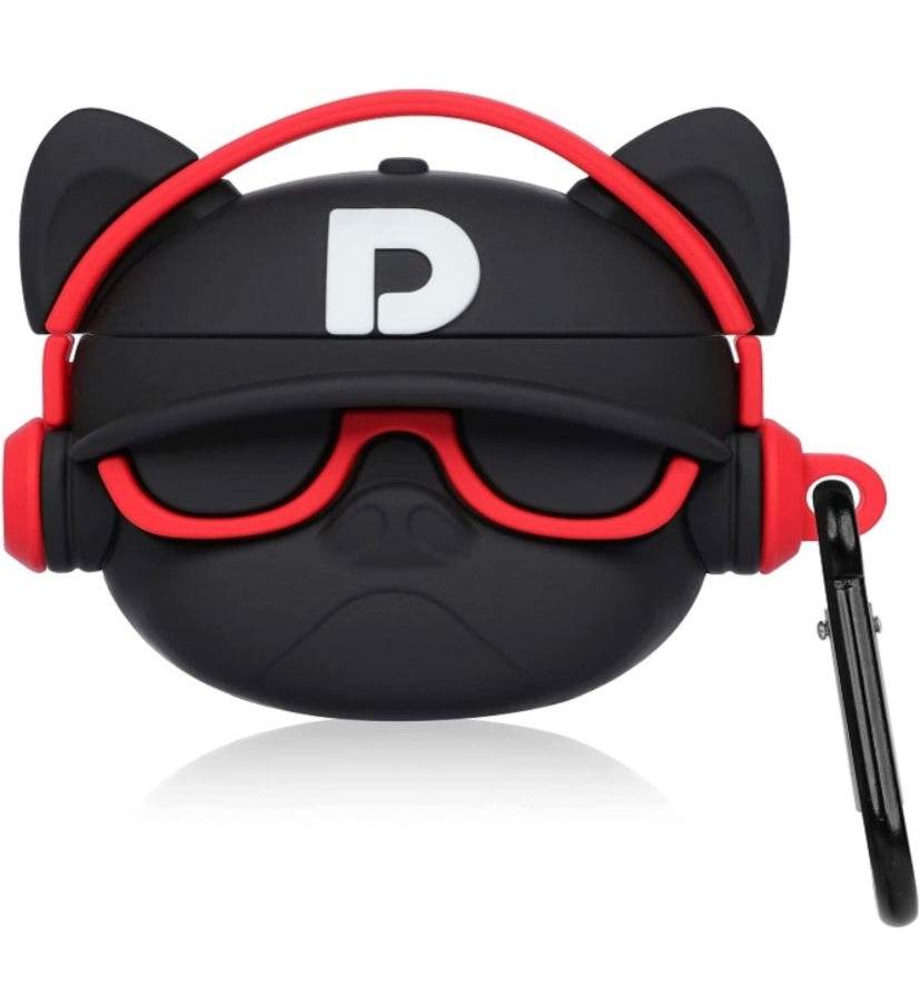 Airpod's Pro 2 Cute Music Bull Dog Cartoon Silicone Case - Black Red - Guleel
