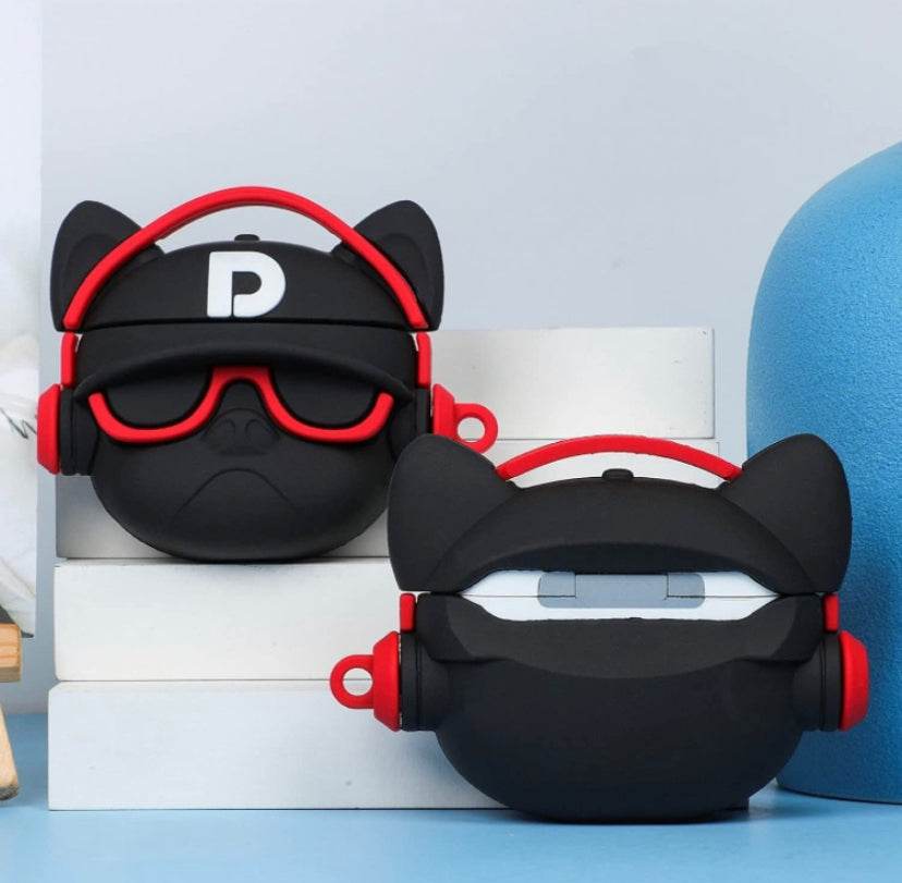 Airpod's Pro 2 Cute Music Bull Dog Cartoon Silicone Case - Black Red - Guleel