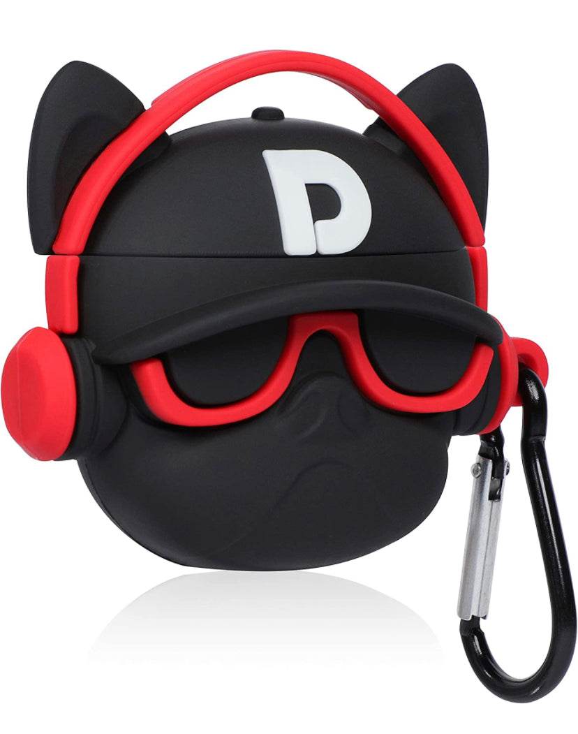 Airpod's Pro 2 Cute Music Bull Dog Cartoon Silicone Case - Black Red - Guleel