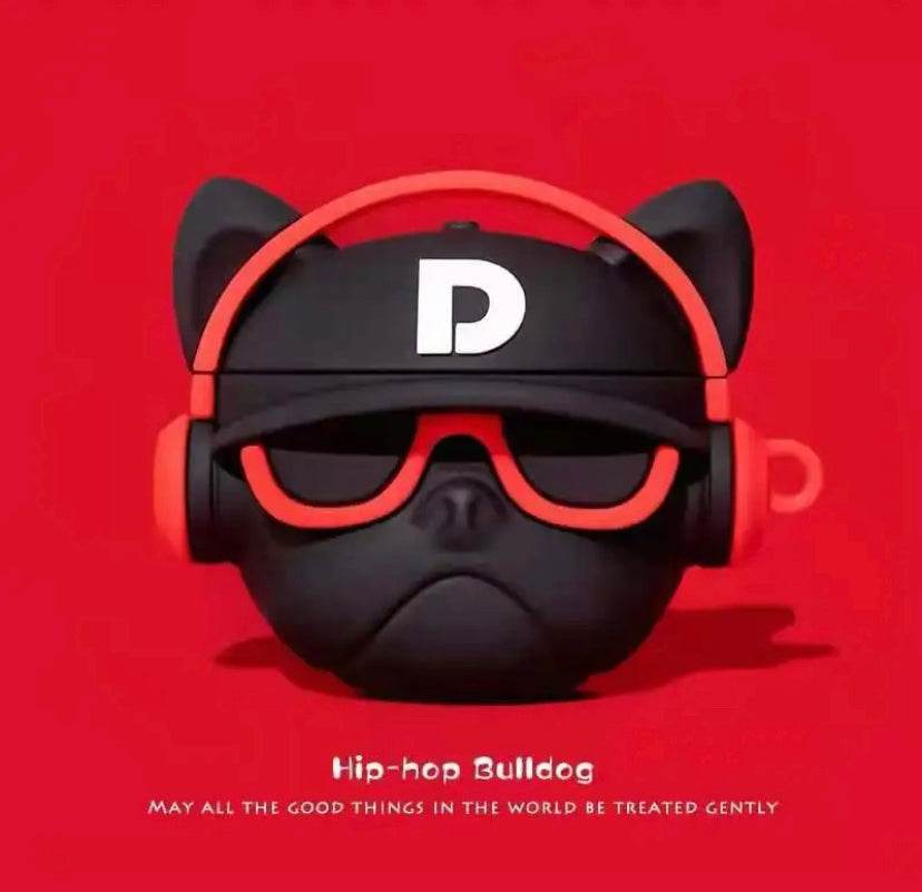 Airpod's Pro 2 Cute Music Bull Dog Cartoon Silicone Case - Black Red - Guleel