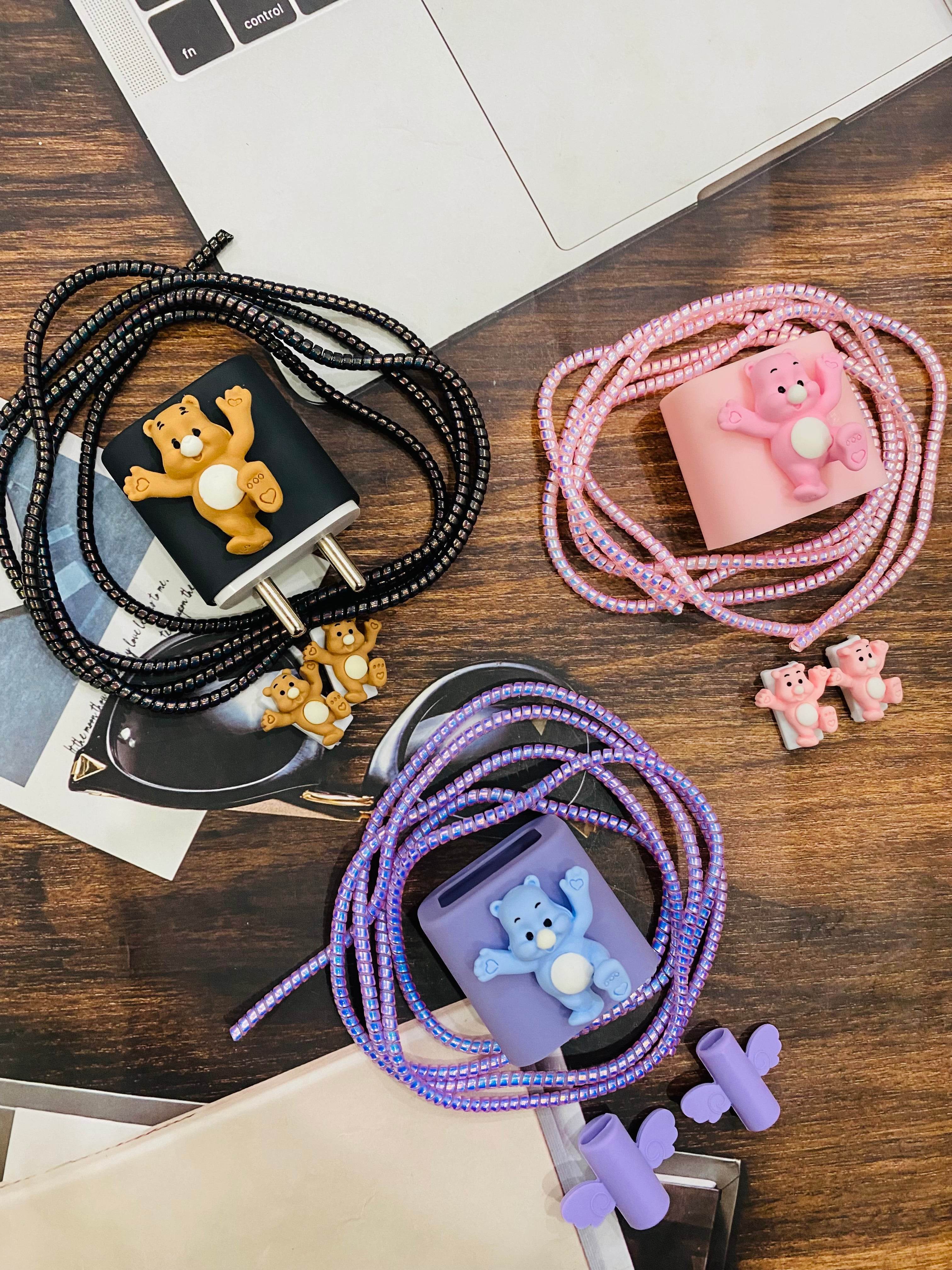 Silicone Cartoon iPhone 3D Teddy Bear Charger Case Cover for 18-20W Chargers - Pink (with Wire Cover) - Guleel