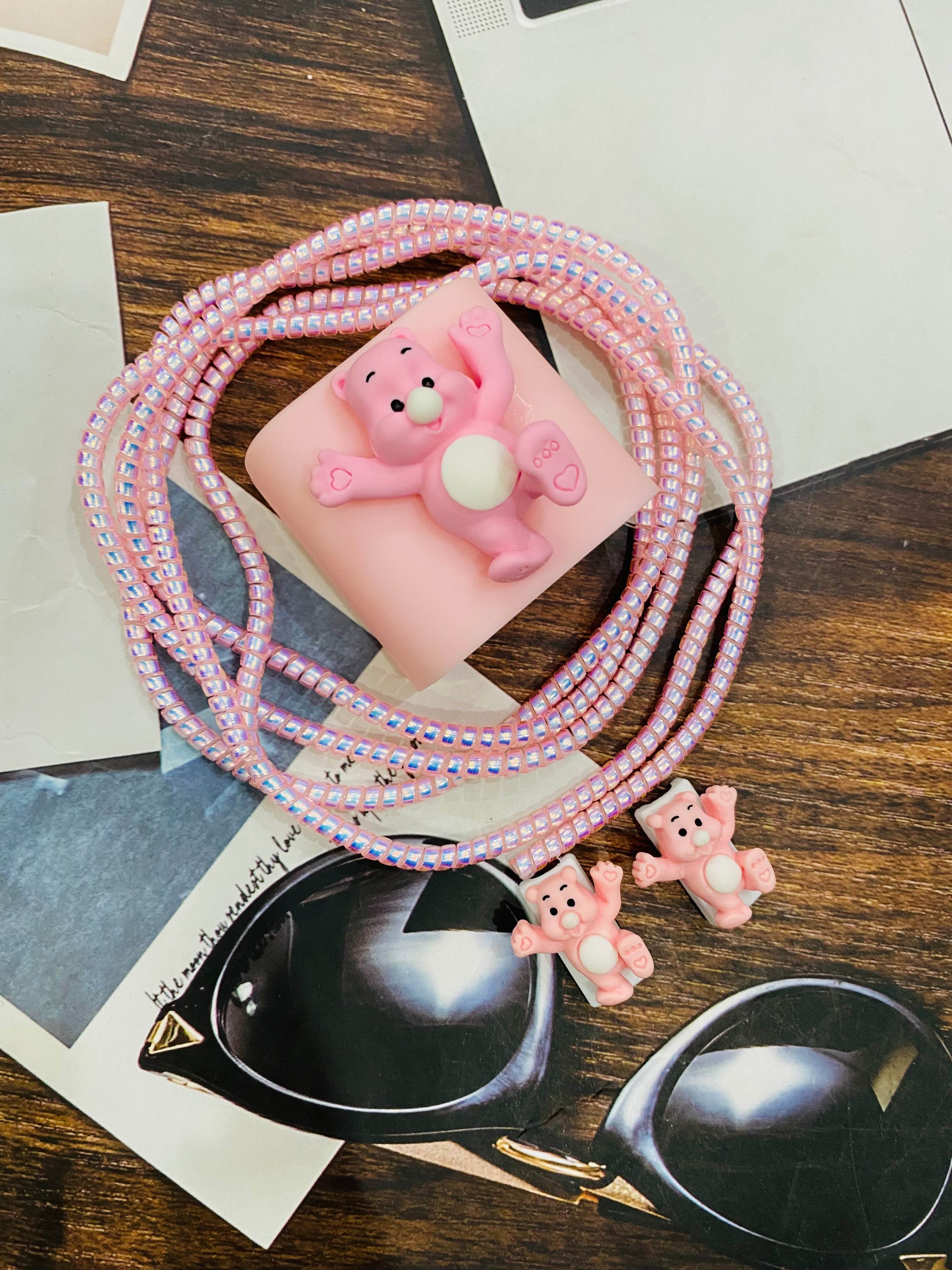 Silicone Cartoon iPhone 3D Teddy Bear Charger Case Cover for 18-20W Chargers - Pink (with Wire Cover) - Guleel