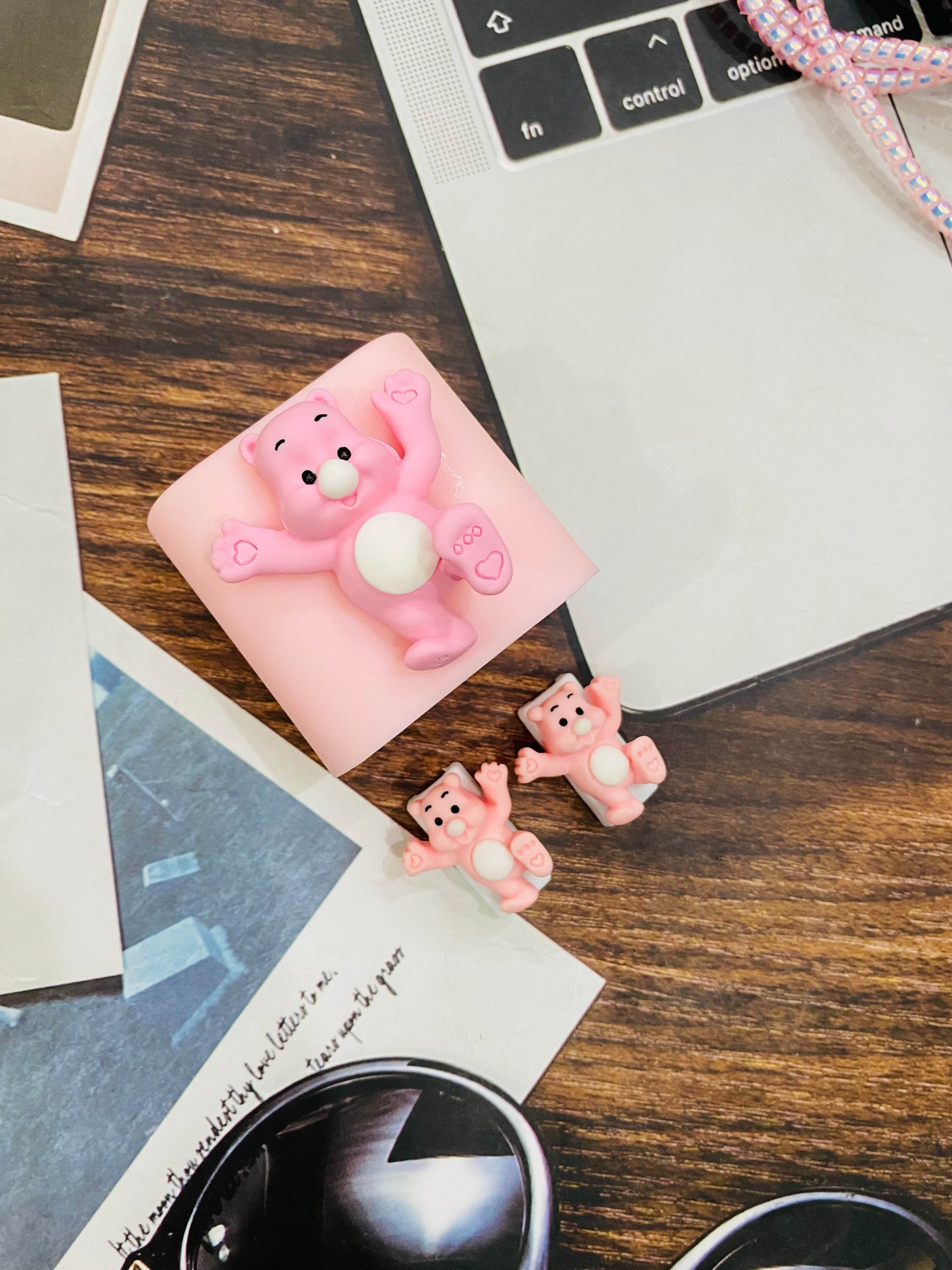 Silicone Cartoon iPhone 3D Teddy Bear Charger Case Cover for 18-20W Chargers - Pink (with Wire Cover) - Guleel