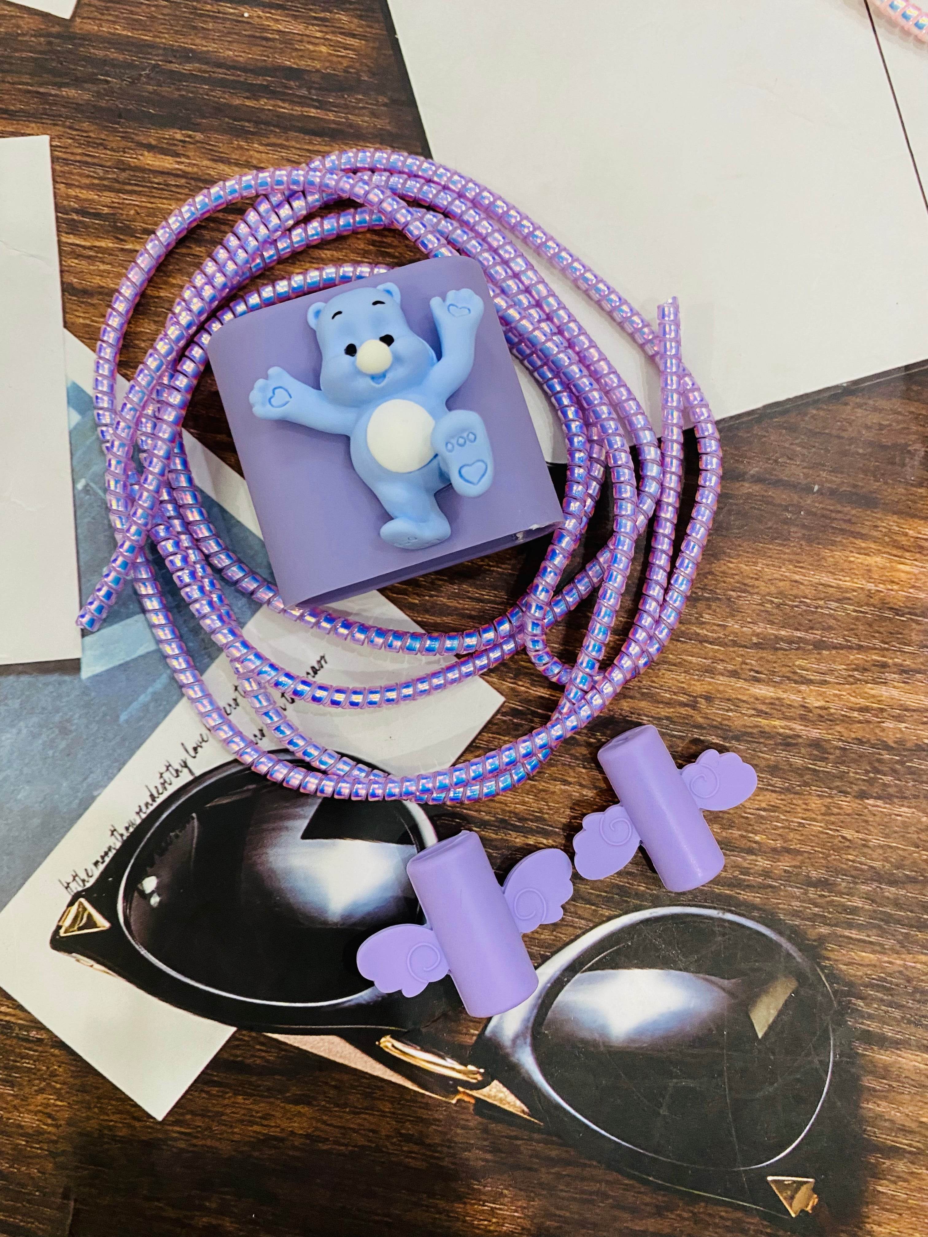 Silicone Cartoon iPhone 3D Teddy Bear Charger Cover for 18-20W Chargers - Lavender (with Wire Cover) - Guleel