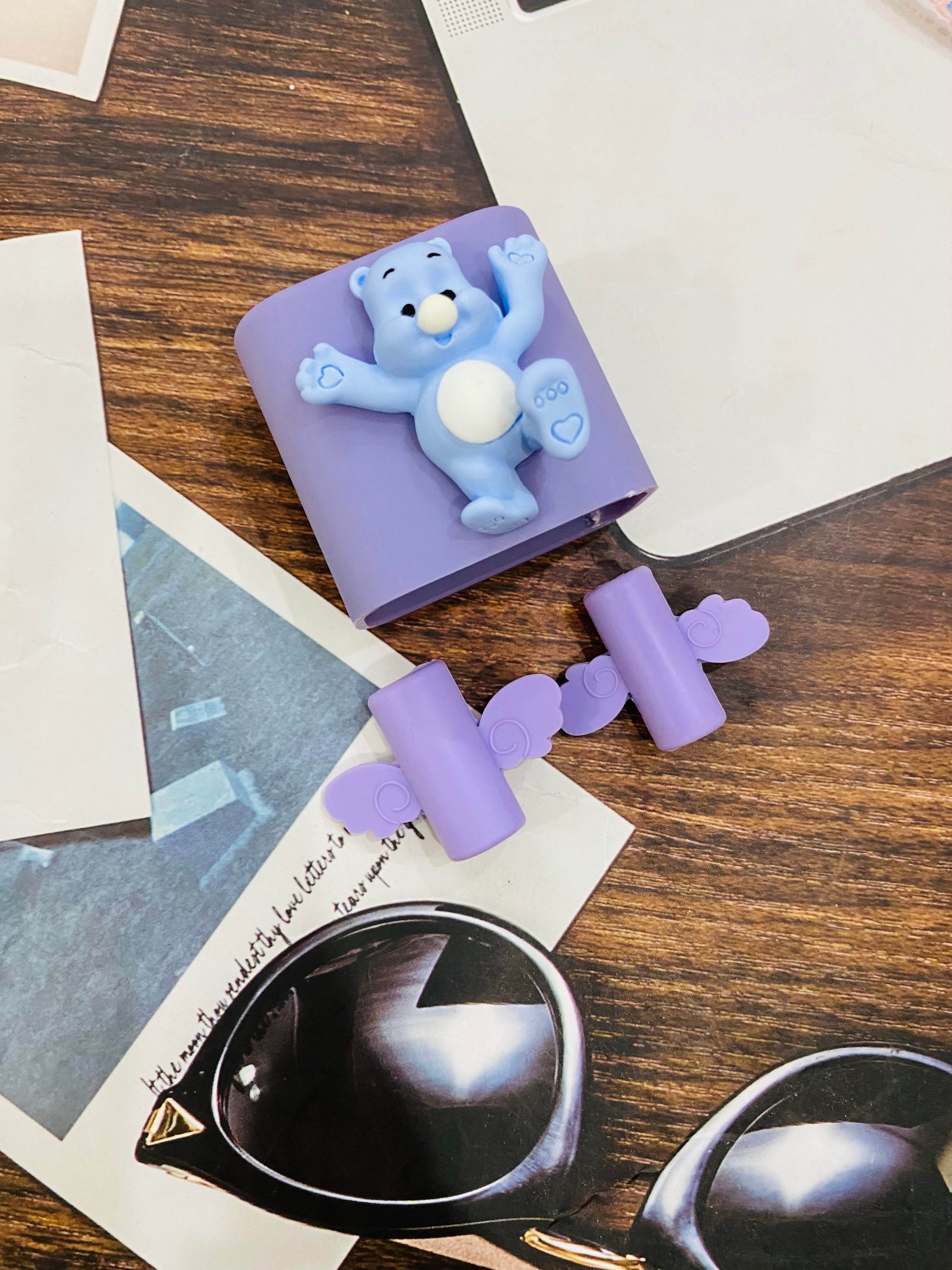 Silicone Cartoon iPhone 3D Teddy Bear Charger Cover for 18-20W Chargers - Lavender (with Wire Cover) - Guleel