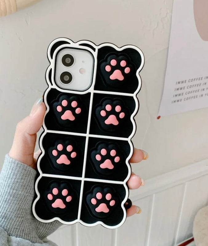 Push Pop Bubble Fidget Stress Relief Cat Paw Protective Mobile Back Case Cover - Black Pink - Guleel