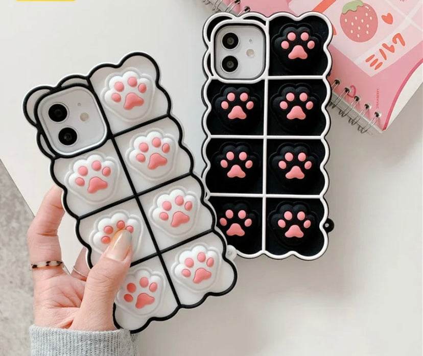 Push Pop Bubble Fidget Stress Relief Cat Paw Protective Mobile Back Case Cover - Black Pink - Guleel