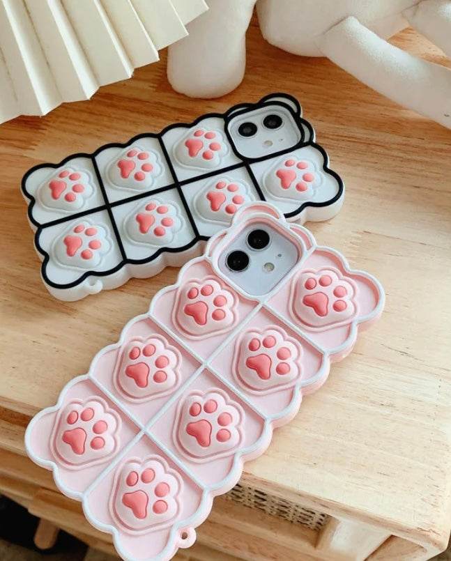Push Pop Bubble Fidget Stress Relief Cat Paw Protective Mobile Back Case Cover - Black Pink - Guleel