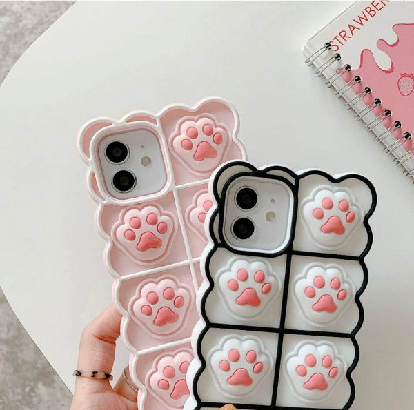 Push Pop Bubble Fidget Stress Relief Cat Paw Protective Mobile Back Case Cover - Black Pink - Guleel
