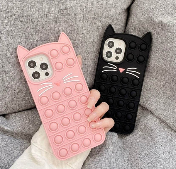 iPhone 12 Cute Cat Push Pop Fidget Silicone Case - Pink - Guleel