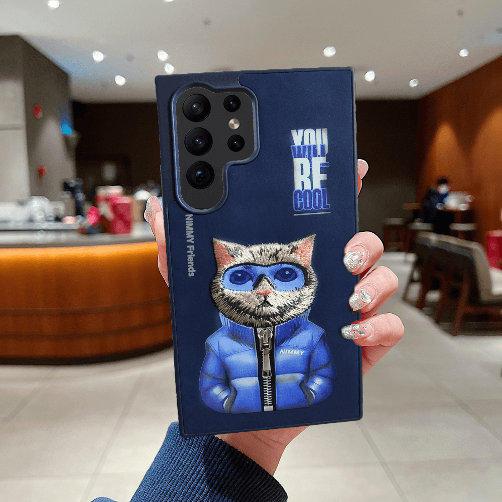 Galaxy S24 Ultra Premium Nimmy Series Leather Finish Case = Blue Cool Cat - Guleel