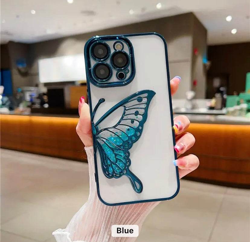 iPhone 15 Pro Max Premium Butterfly Glitter Shockproof Case = Blue - Guleel