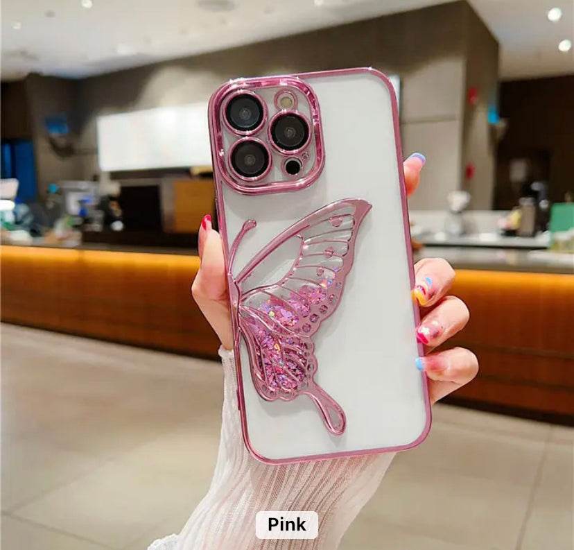 iPhone 15 Pro Max Premium Butterfly Glitter Shockproof Case = Pink - Guleel