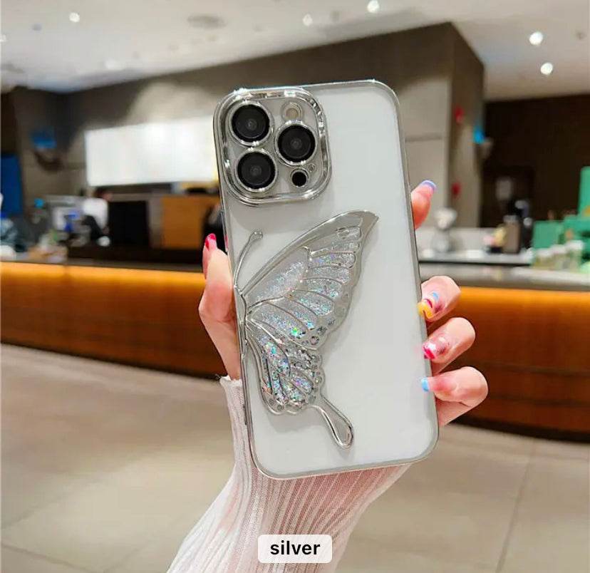 iPhone 15 Pro Max Premium Butterfly Glitter Shockproof Case = Silver - Guleel