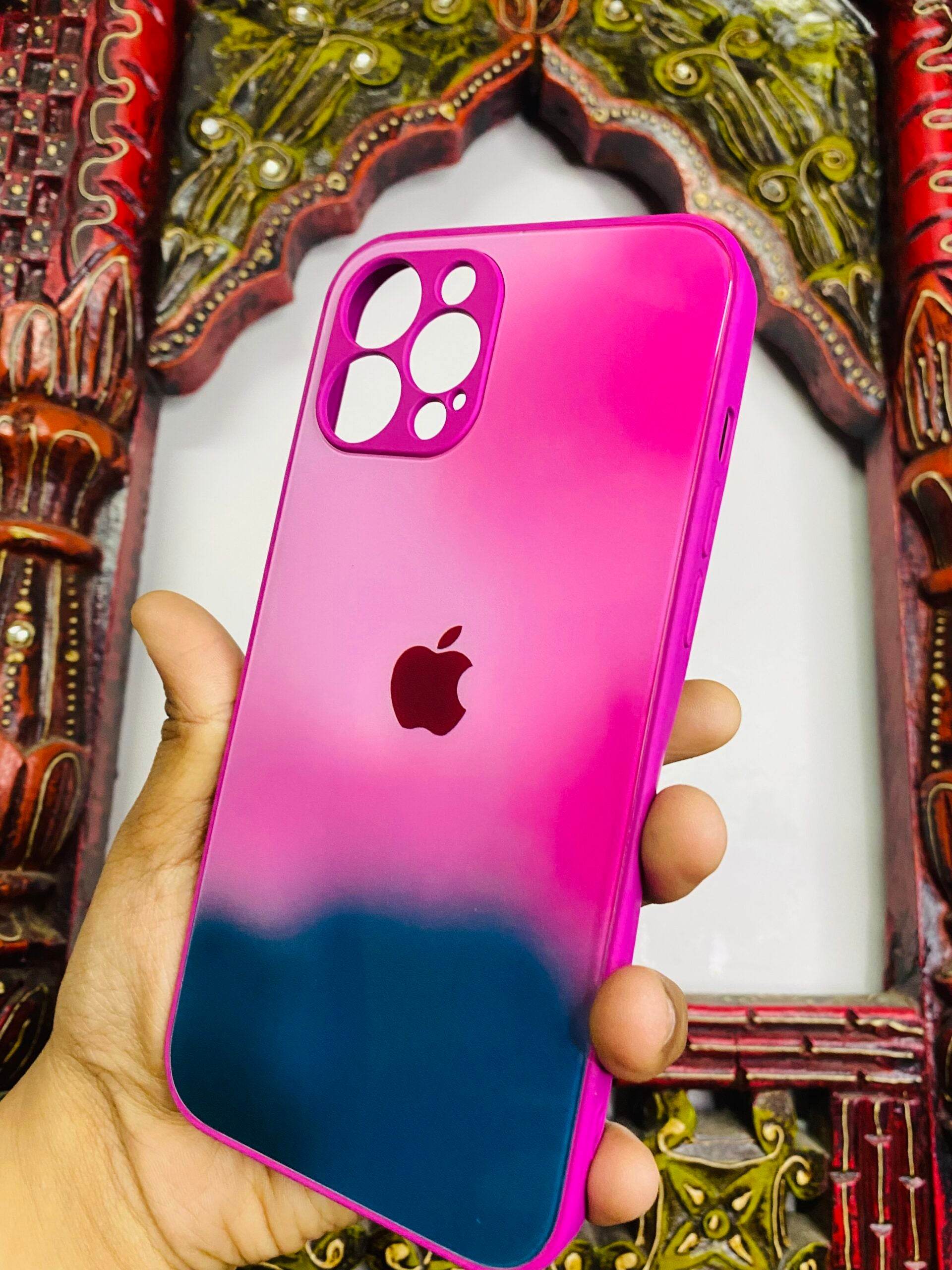 iPhone 12 Pro Max Premium Glass Finish Case - Pink Green - Guleel