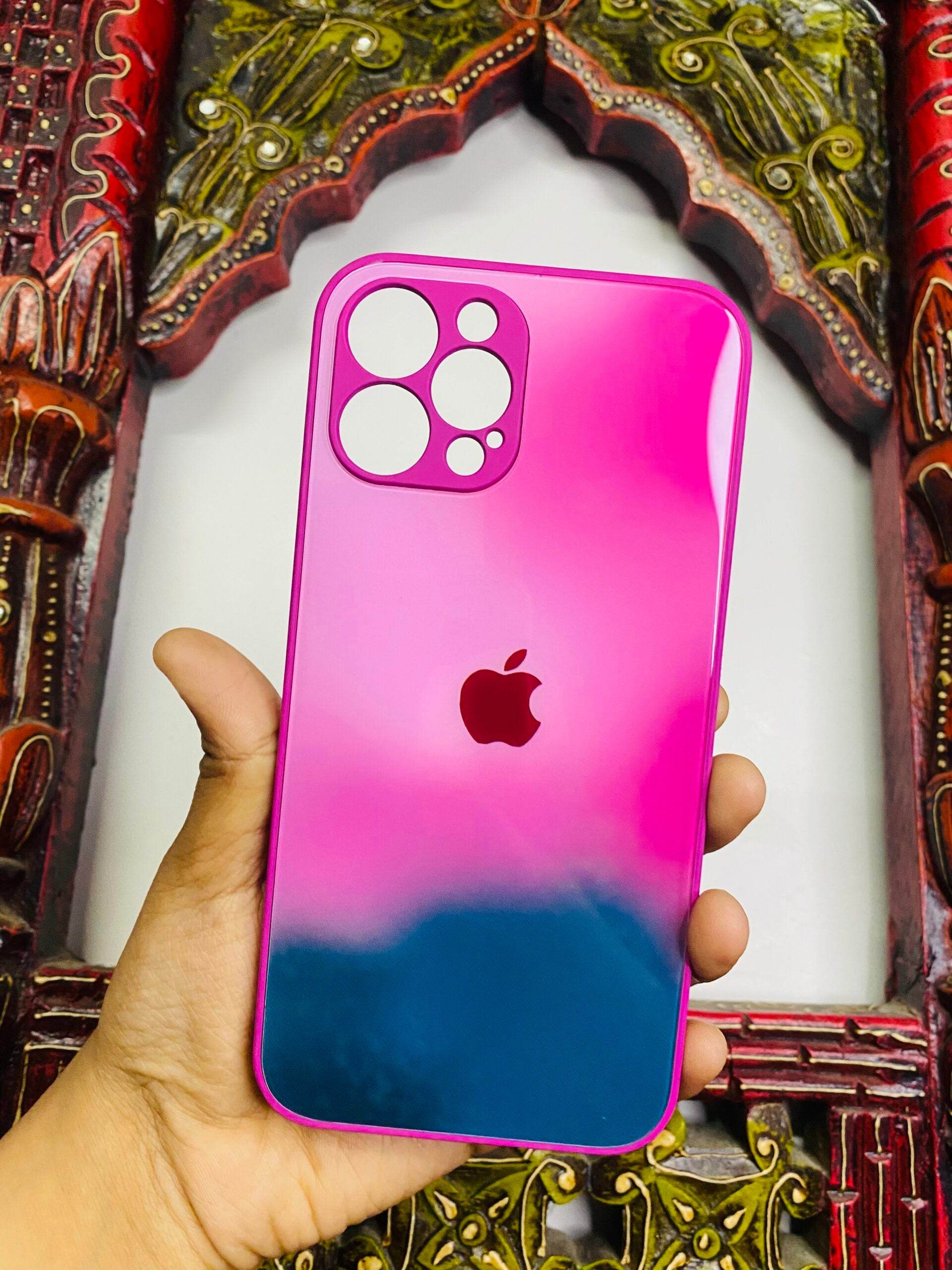 iPhone 12 Pro Max Premium Glass Finish Case - Pink Green - Guleel