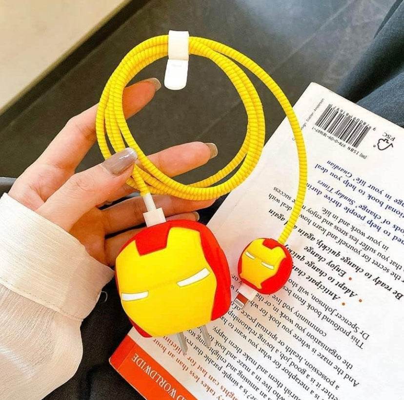 Silicone Cartoon iPhone Charger Case Cover for 18-20W Chargers - Iron Man(With Wire Cover) - Guleel
