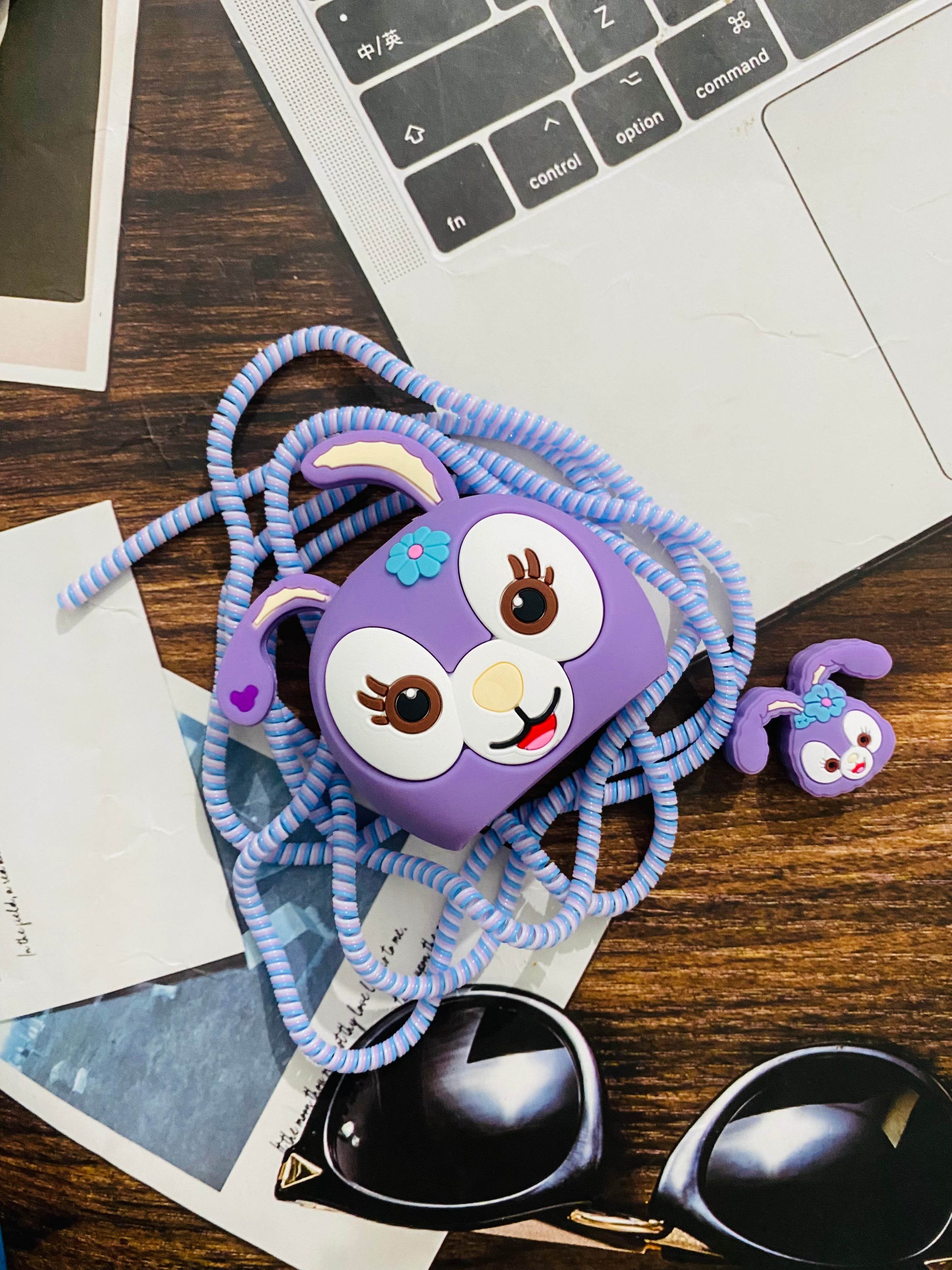 Silicone Cartoon iPhone Charger Case Cover for 18-20W Chargers - Purple Rabbit (With Wire Cover) - Guleel