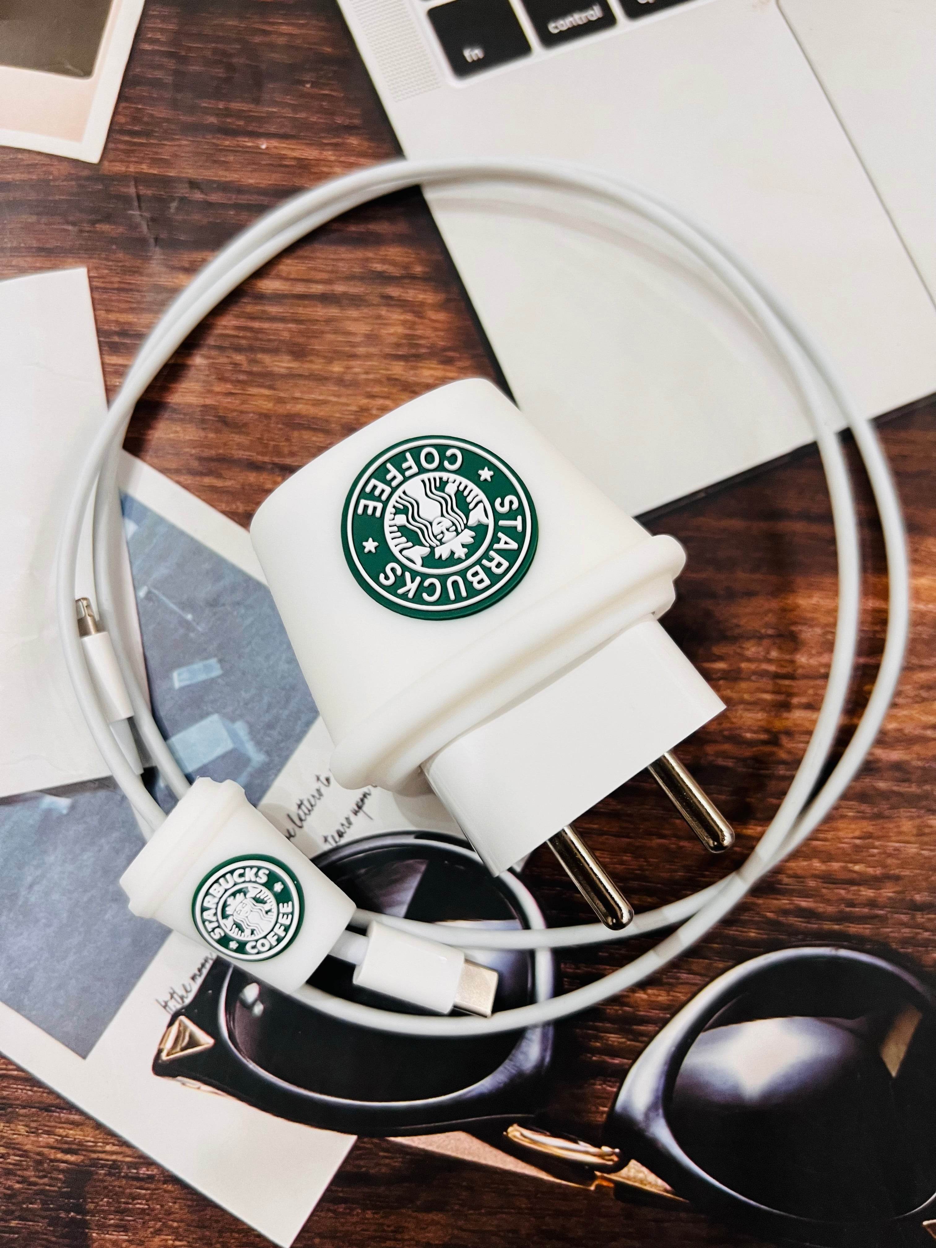 Silicone Cartoon iPhone Charger Case Cover for 18-20W Chargers - Starbucks Coffee White (with Wire Cover) - Guleel