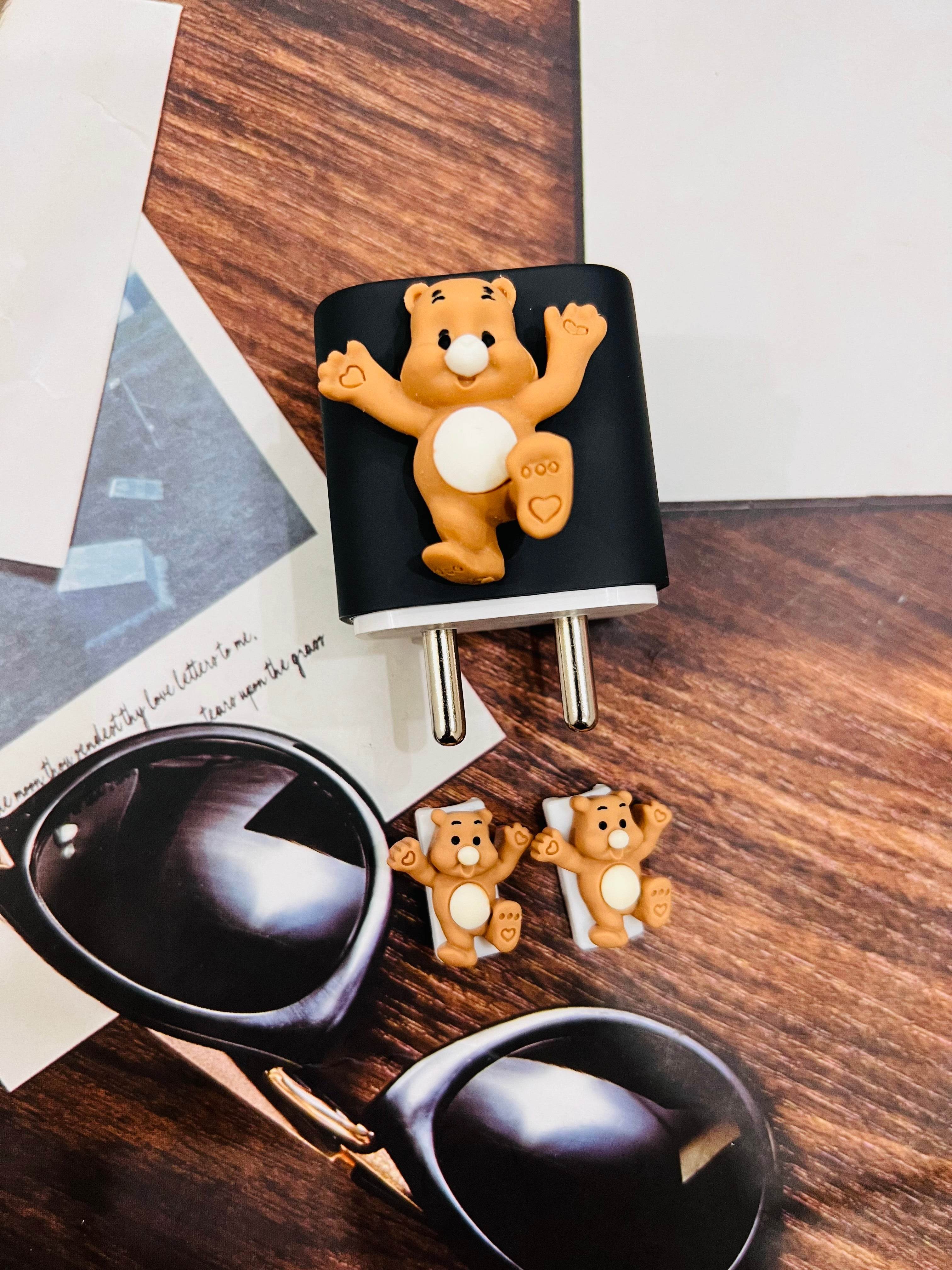 Silicone Cartoon iPhone 3D Teddy Bear Charger Case Cover for 18-20W Chargers - Black (with Wire Cover) - Guleel