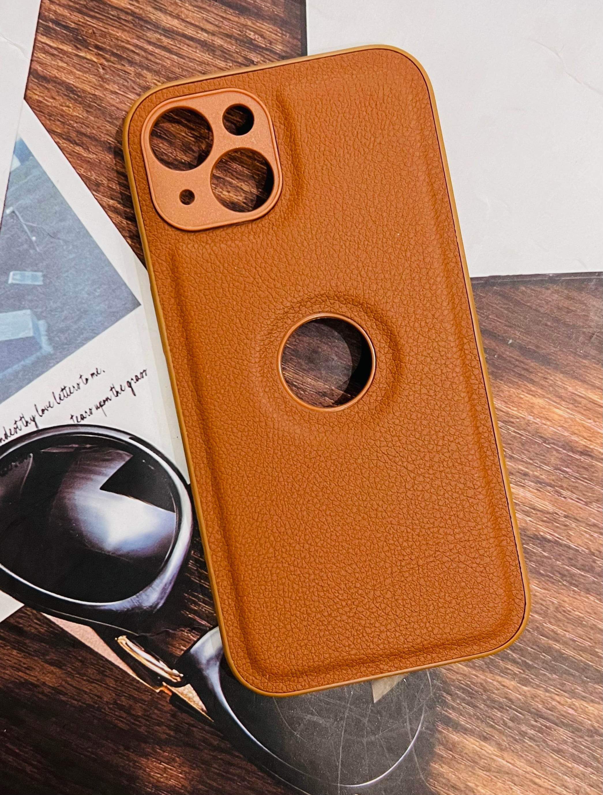iPhone 13 Premium Leather Camera Protection Logo Cut Case - Brown - Guleel