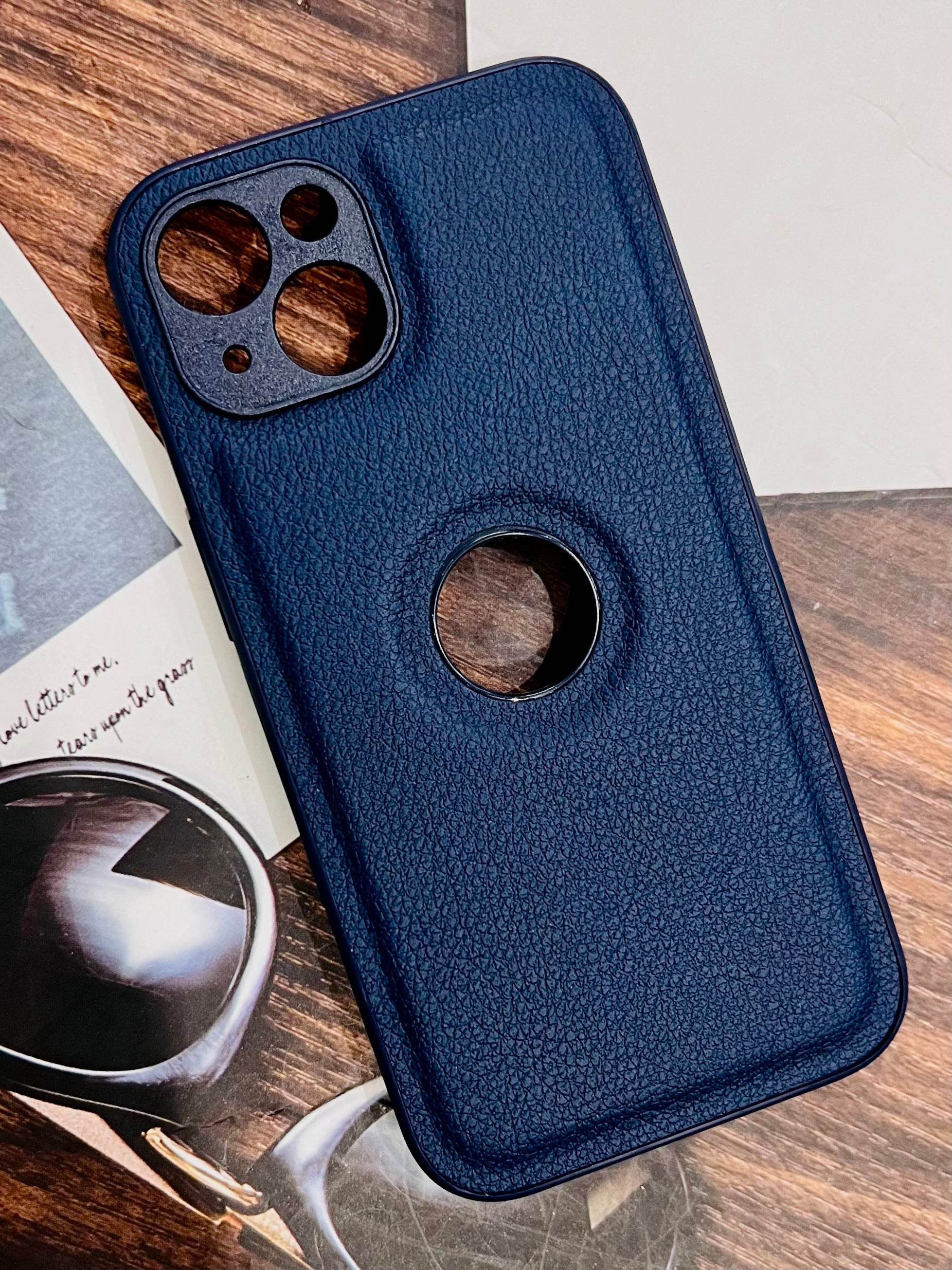 iPhone 13 Premium Leather Camera Protection Logo Cut Case - Blue - Guleel