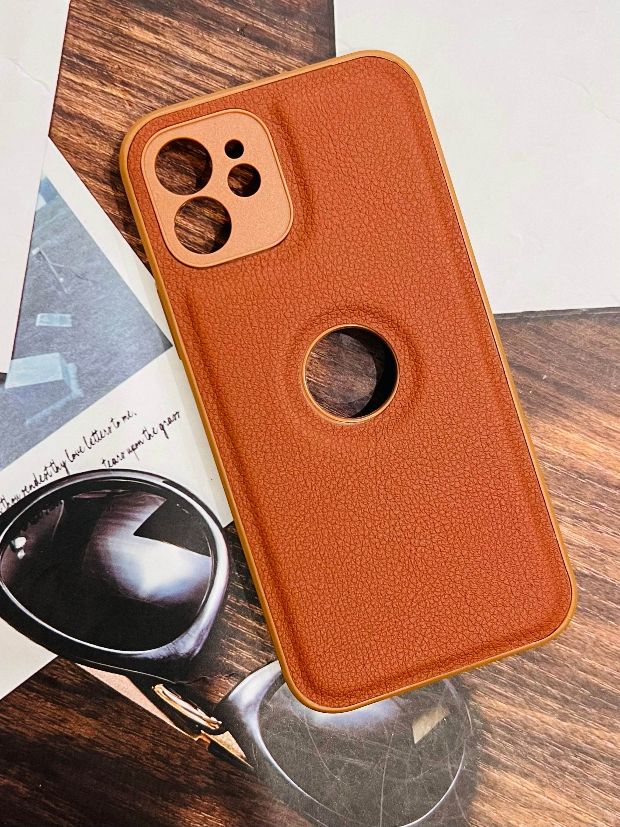 iPhone 11 Premium Leather Camera Protection Logo Cut Case - Dark Brown - Guleel