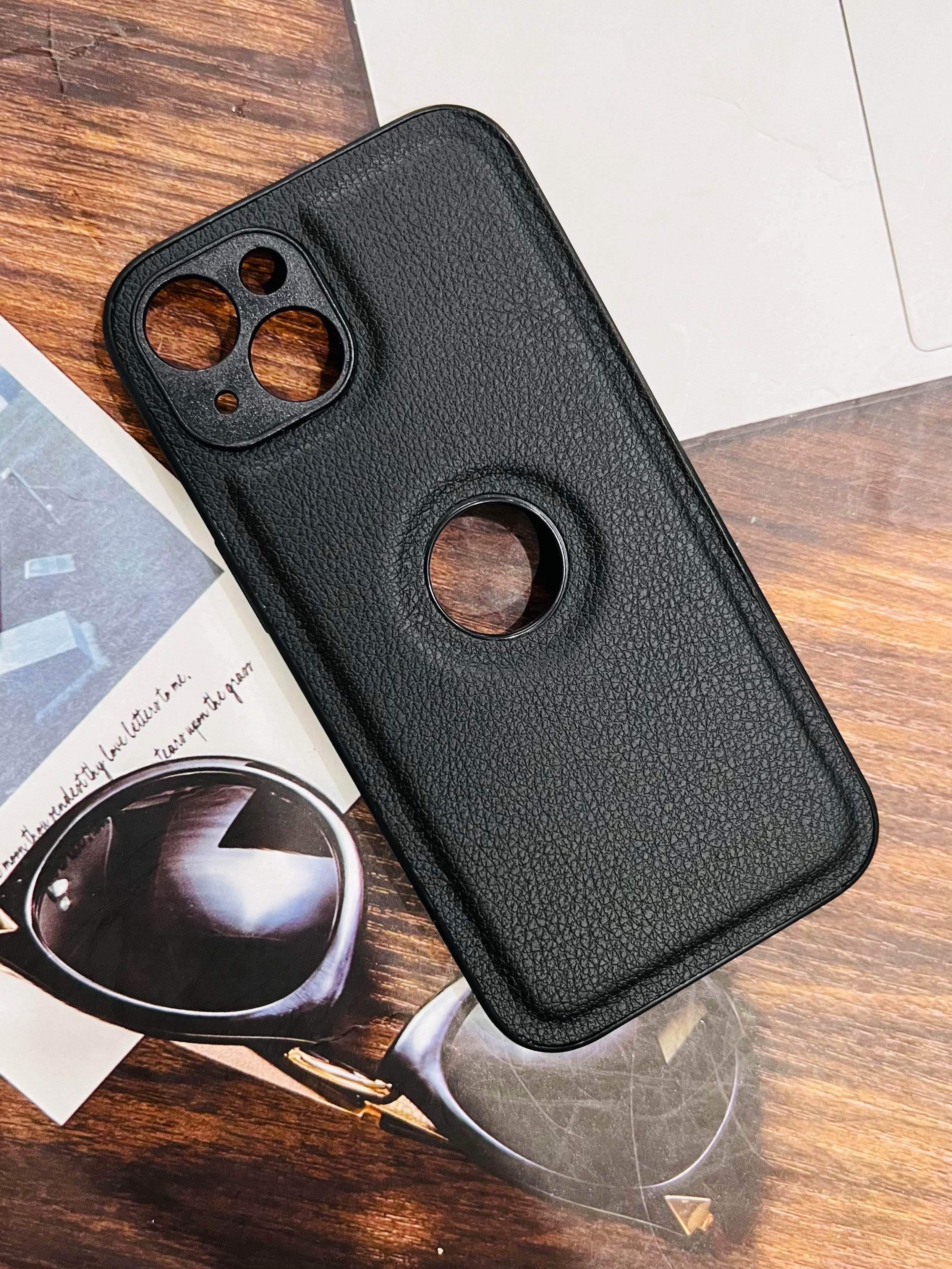 iPhone 13 Premium Leather Camera Protection Logo Cut Case - Black - Guleel
