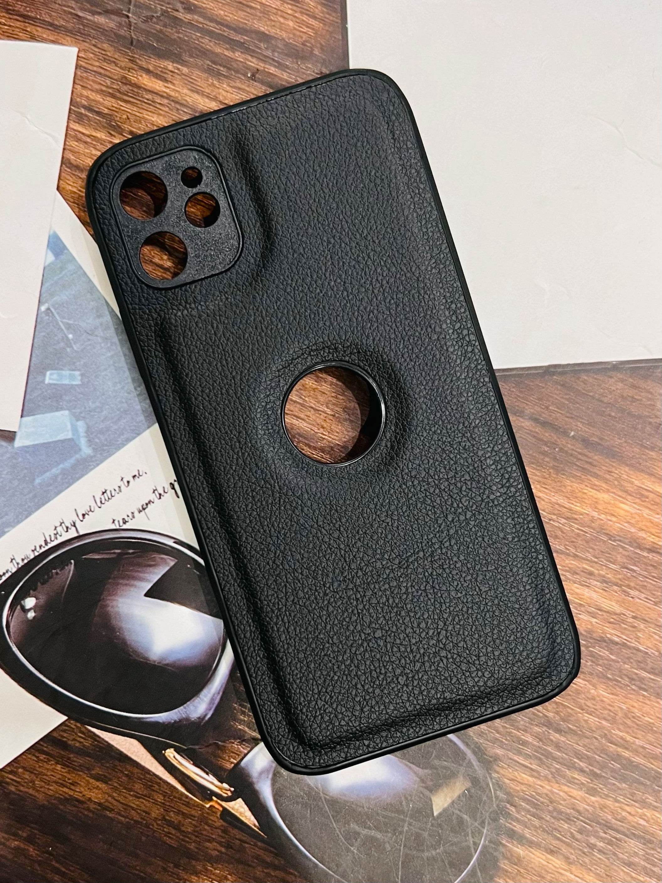 iPhone 12 Premium Leather Camera Protection Logo Cut Case - Black - Guleel